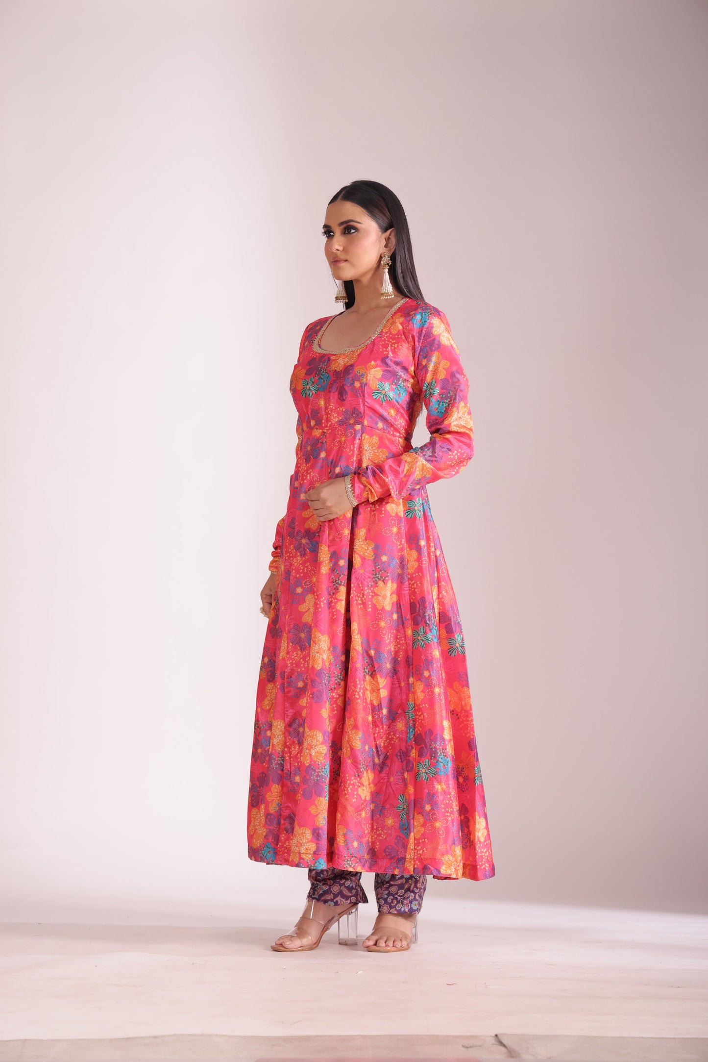 Gulzar Pink Floral printed Anarkali with pant and dupatta- set of 3