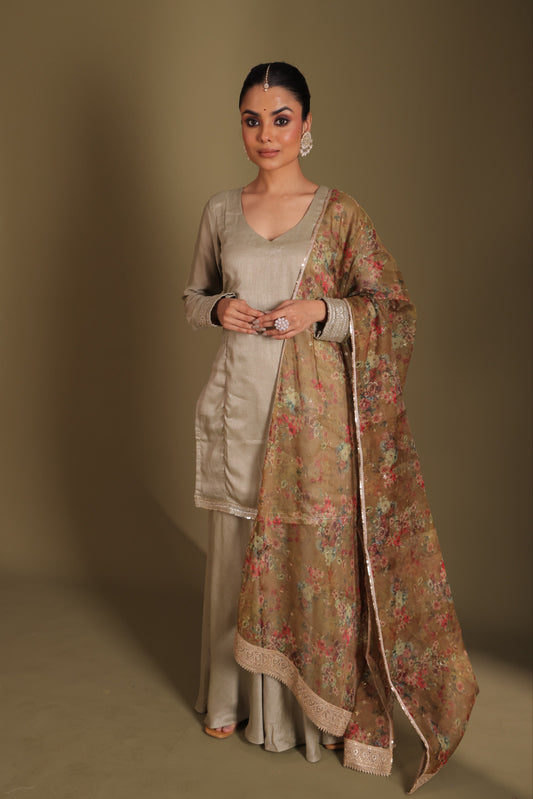 Jhalak Sage Kurta with Sharara and Printed Dupatta- set of 3