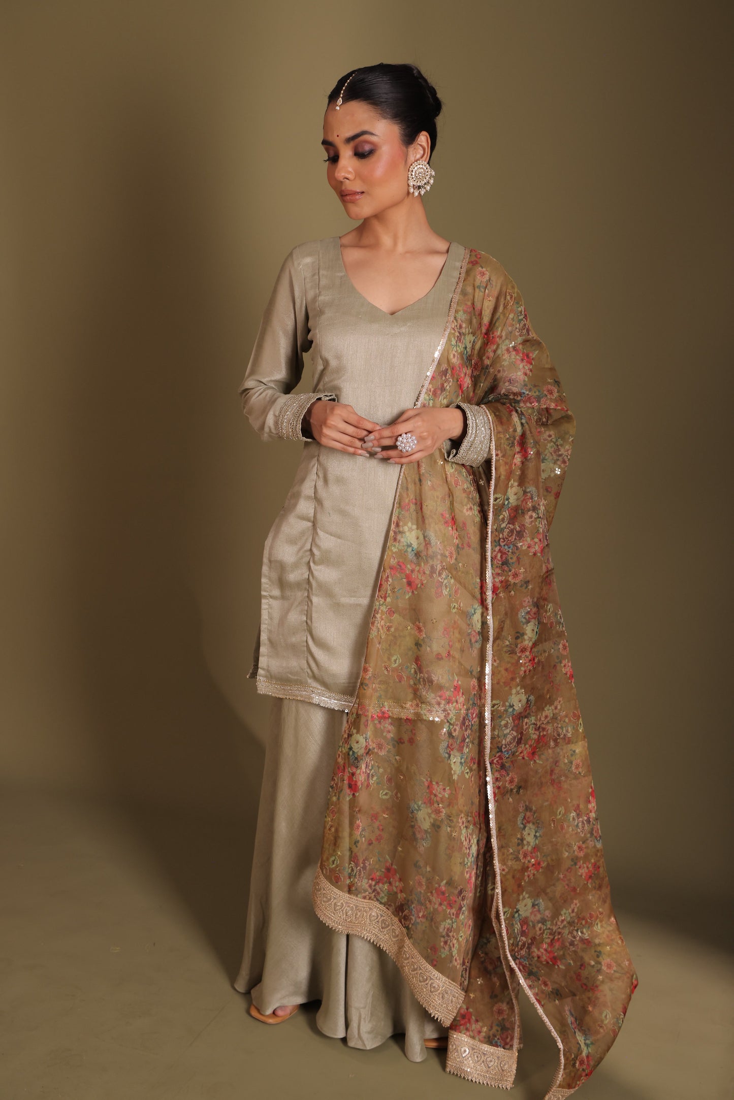 Jhalak Sage Kurta with Sharara and Printed Dupatta- set of 3