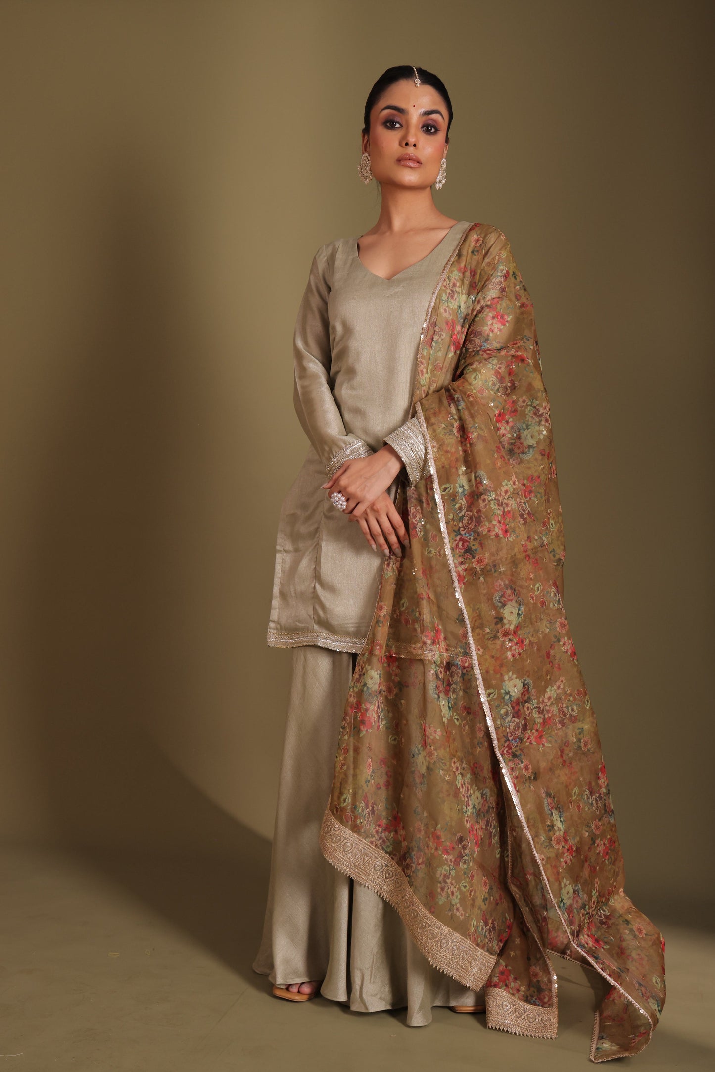 Jhalak Sage Kurta with Sharara and Printed Dupatta- set of 3