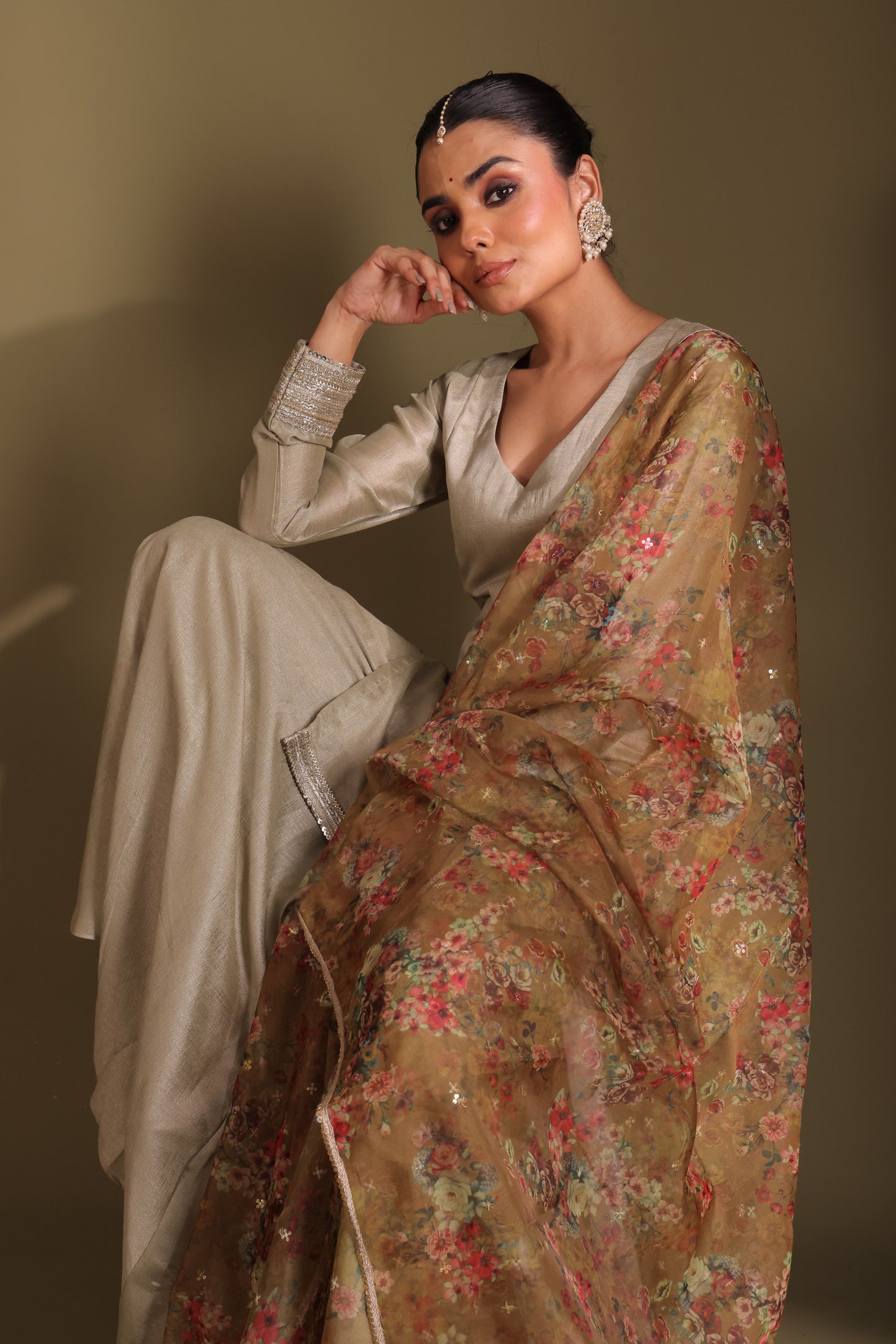 Jhalak Sage Kurta with Sharara and Printed Dupatta- set of 3