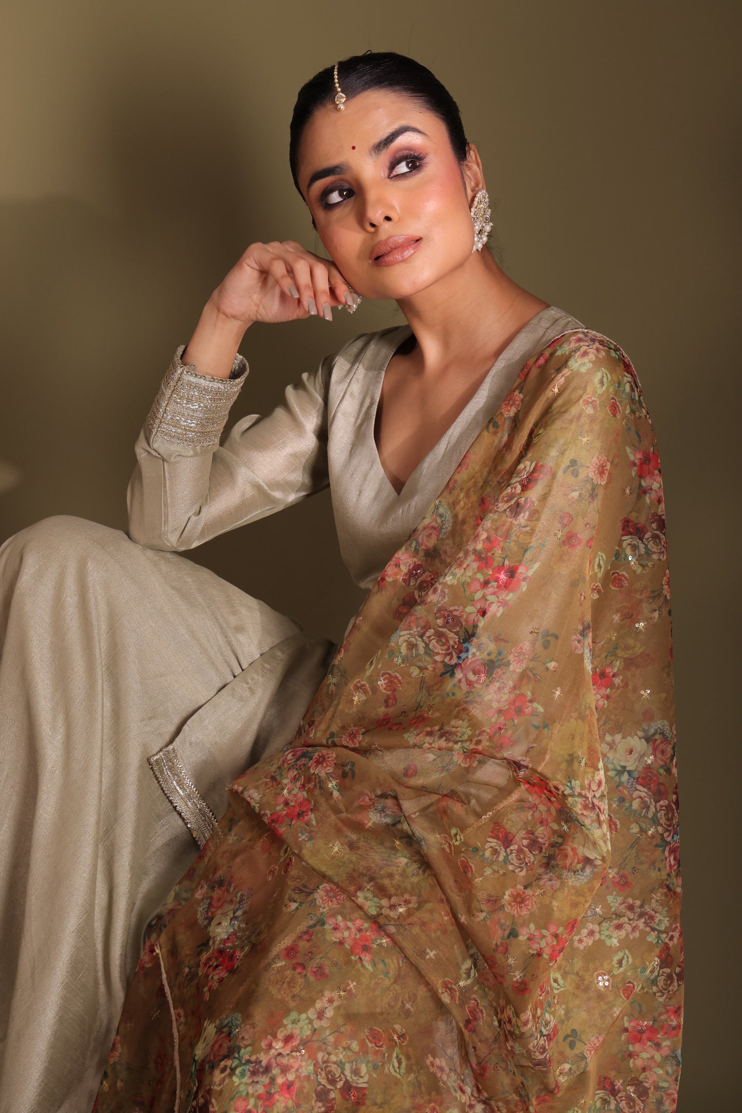 Jhalak Sage Kurta with Sharara and Printed Dupatta- set of 3
