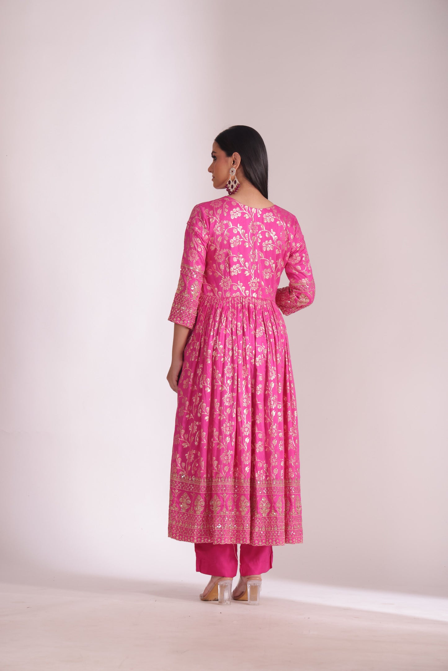 Noorika Fuschia Chanderi Anarkali with Pant and dupatta- set of 3
