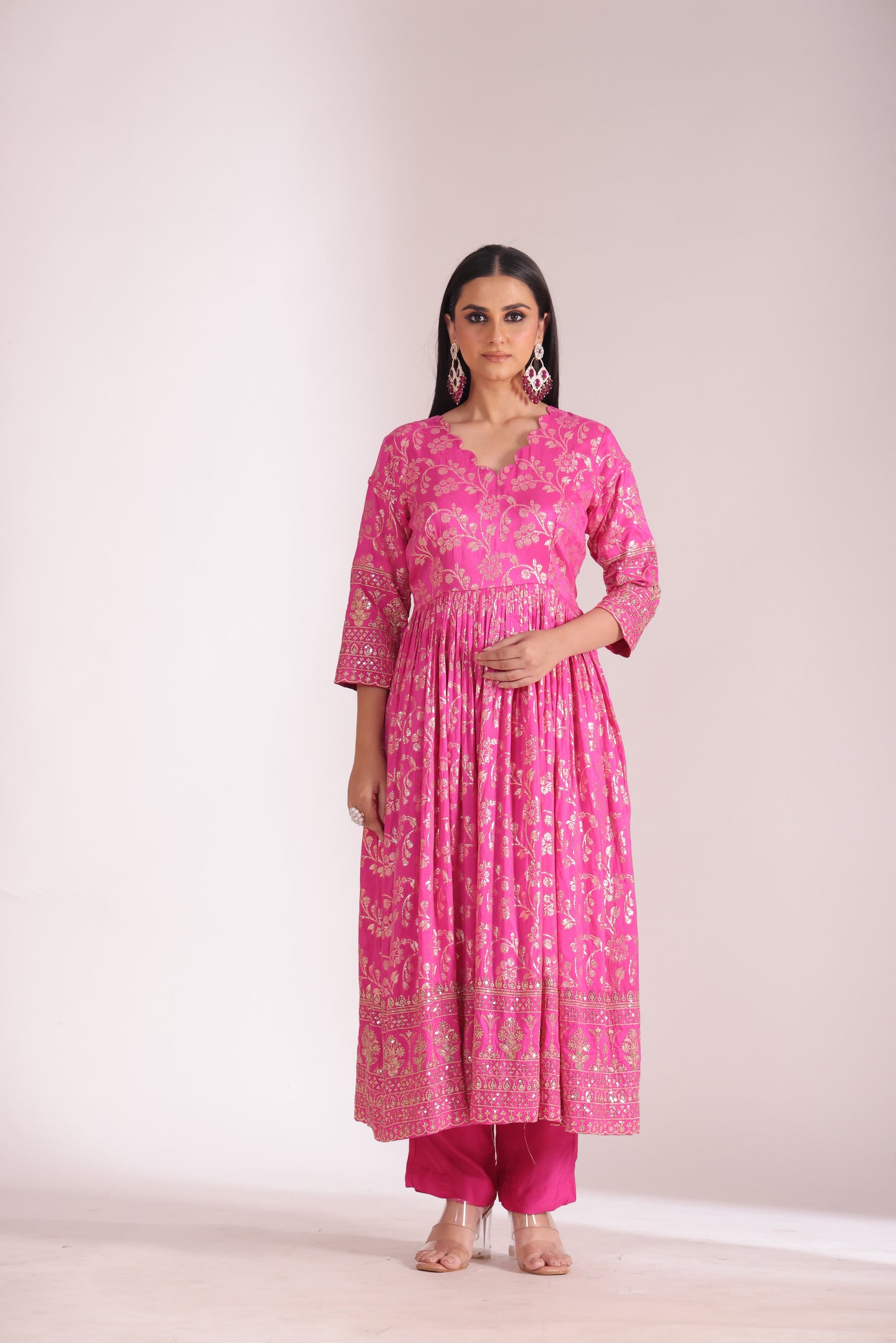 Noorika Fuschia Chanderi Anarkali with Pant and dupatta- set of 3