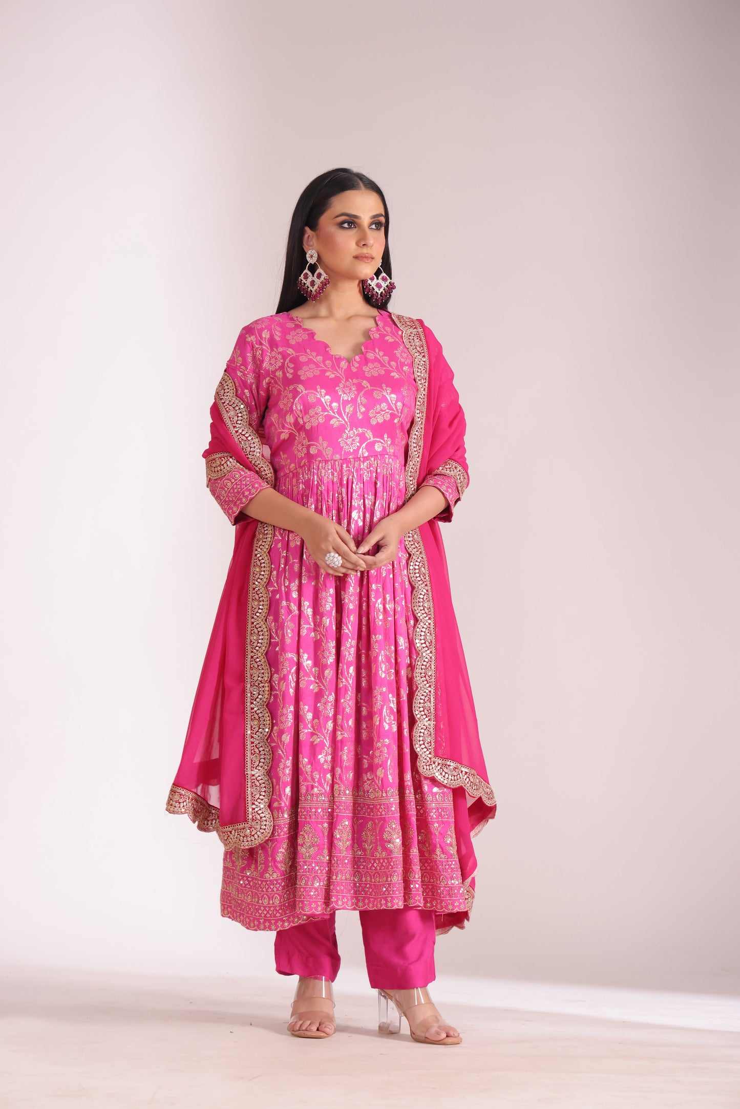 Noorika Fuschia Chanderi Anarkali with Pant and dupatta- set of 3