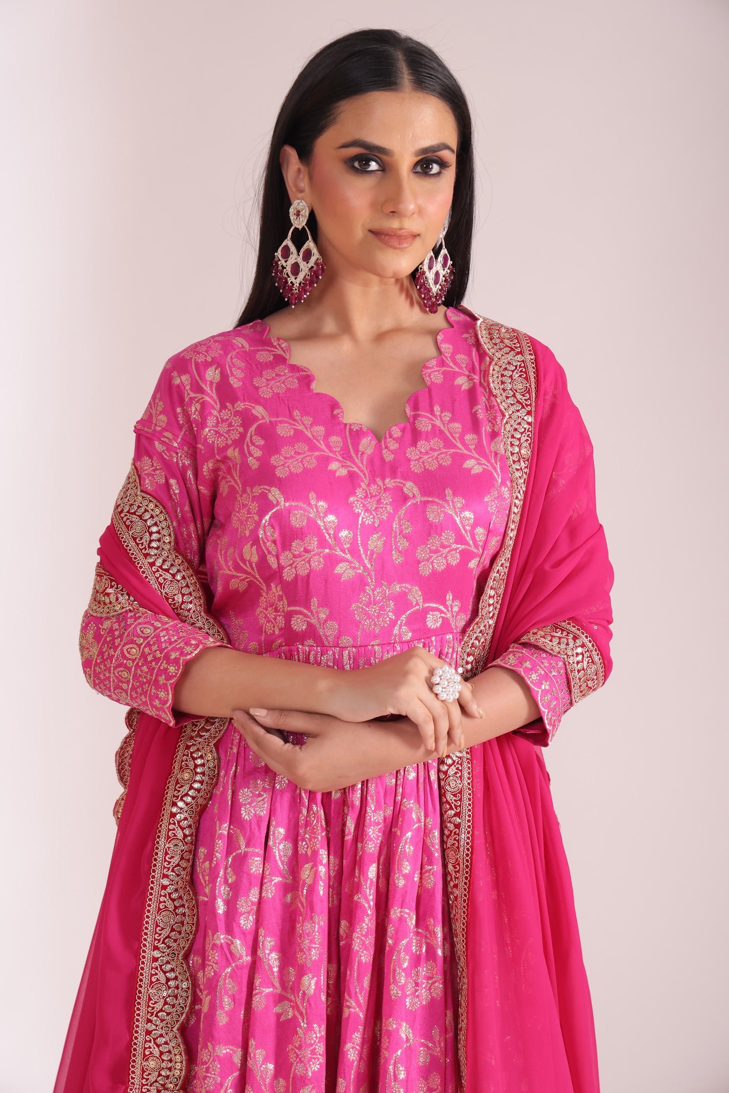 Noorika Fuschia Chanderi Anarkali with Pant and dupatta- set of 3
