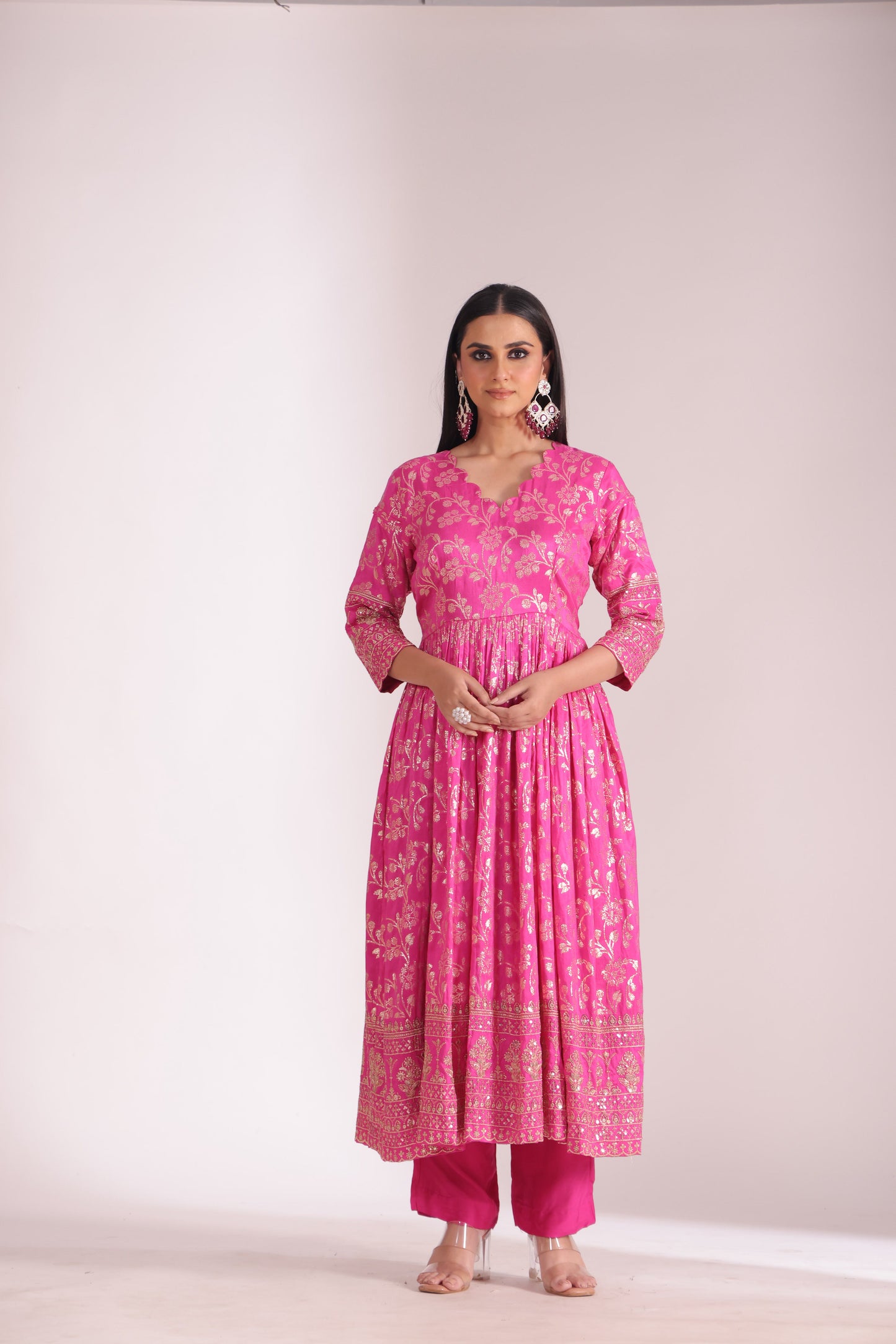 Noorika Fuschia Chanderi Anarkali with Pant and dupatta- set of 3