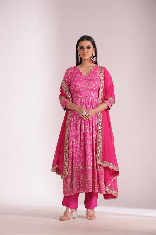 Noorika Fuschia Chanderi Anarkali with Pant and dupatta- set of 3