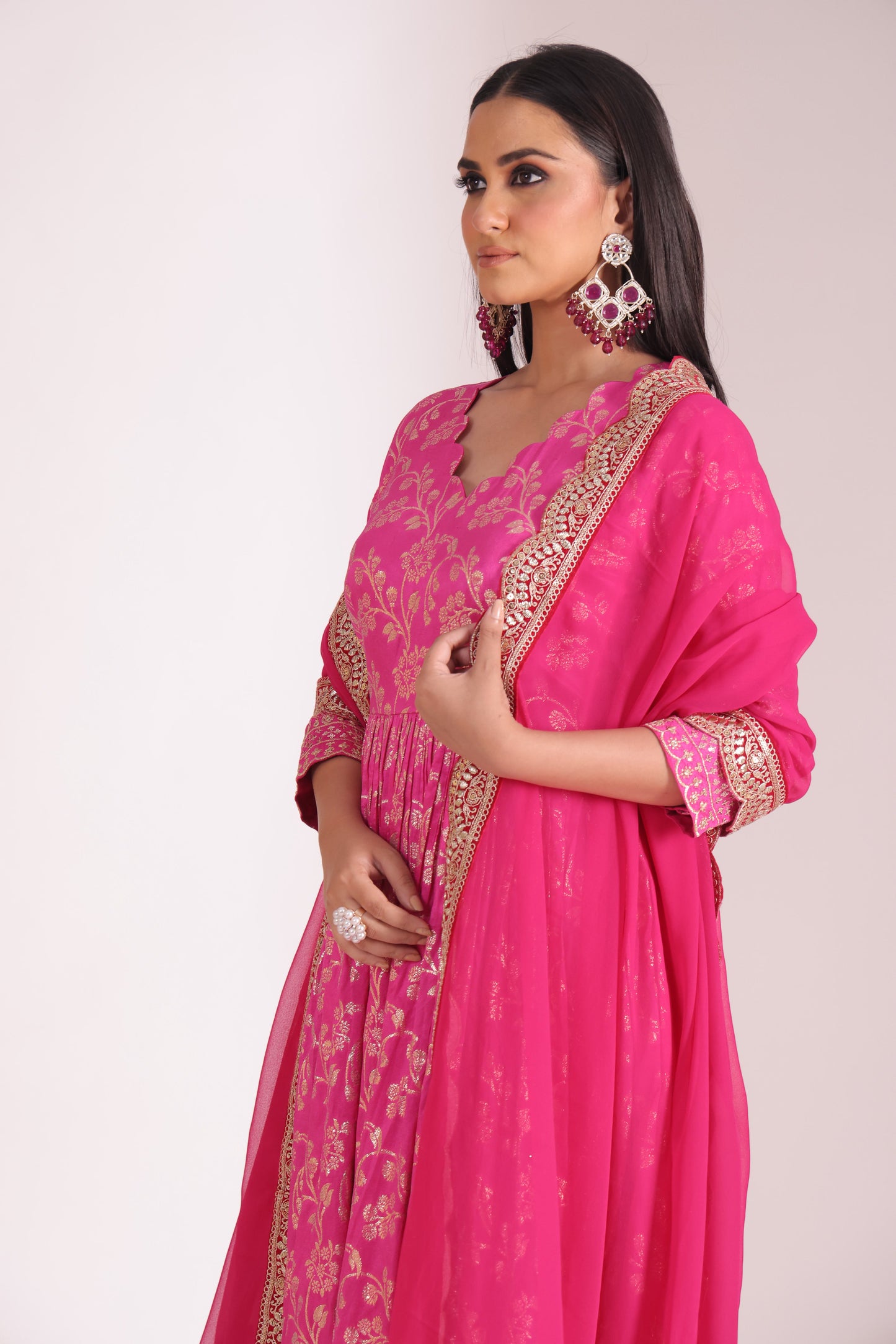 Noorika Fuschia Chanderi Anarkali with Pant and dupatta- set of 3