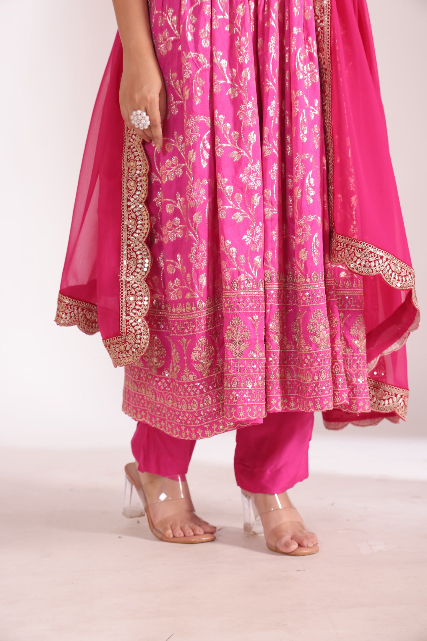 Noorika Fuschia Chanderi Anarkali with Pant and dupatta- set of 3