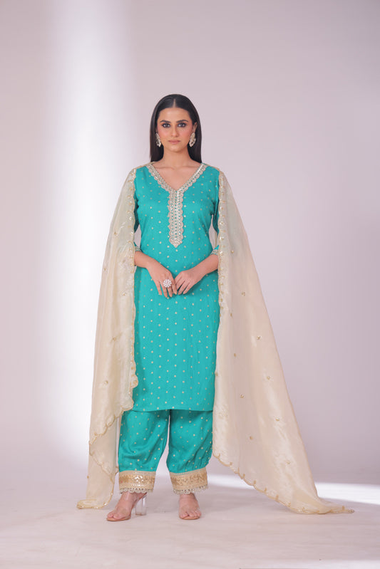 Mastani Turquoise Chanderi Kurta and Afghani Pant with dupatta- set of 3