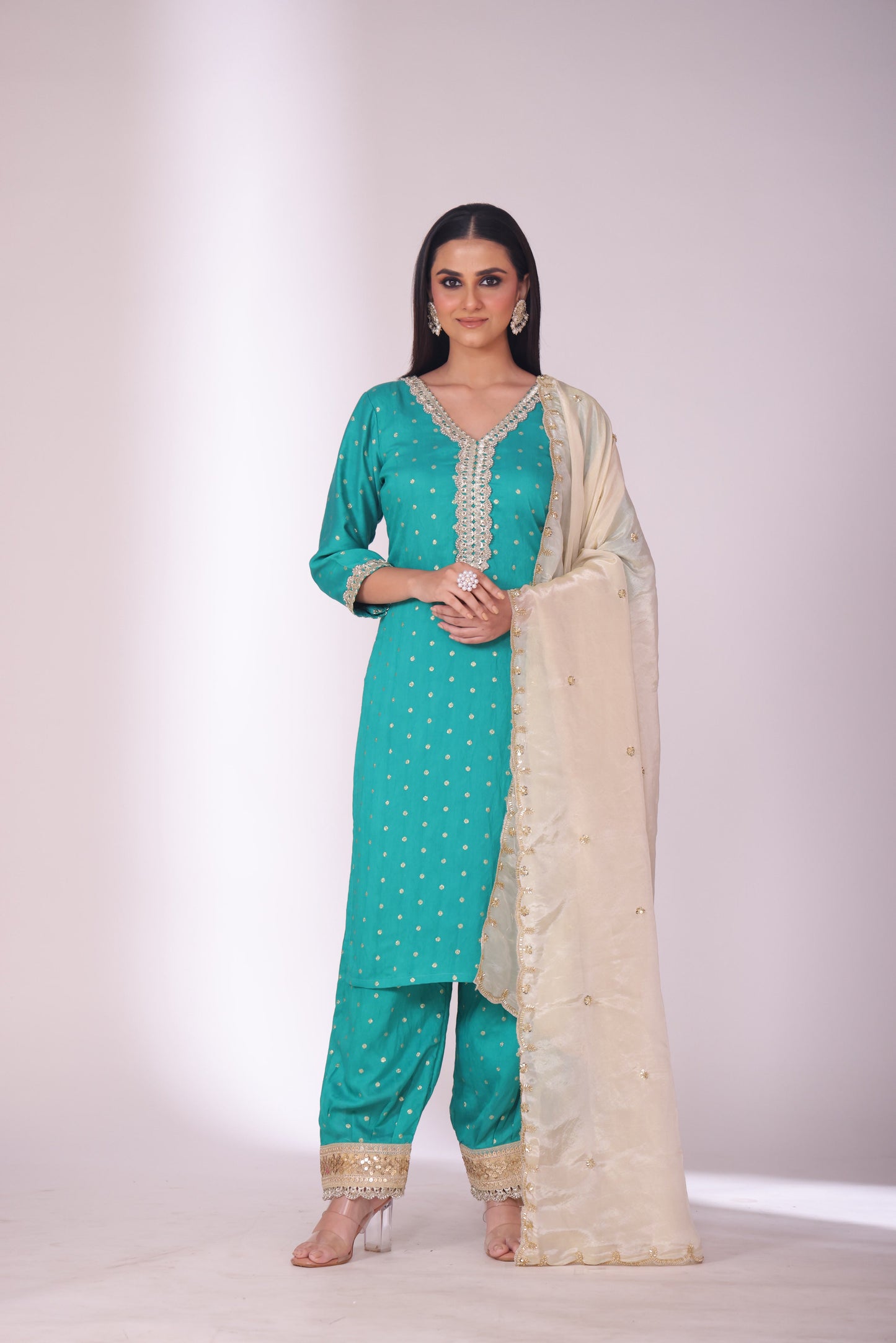 Mastani Turquoise Chanderi Kurta and Afghani Pant with dupatta- set of 3