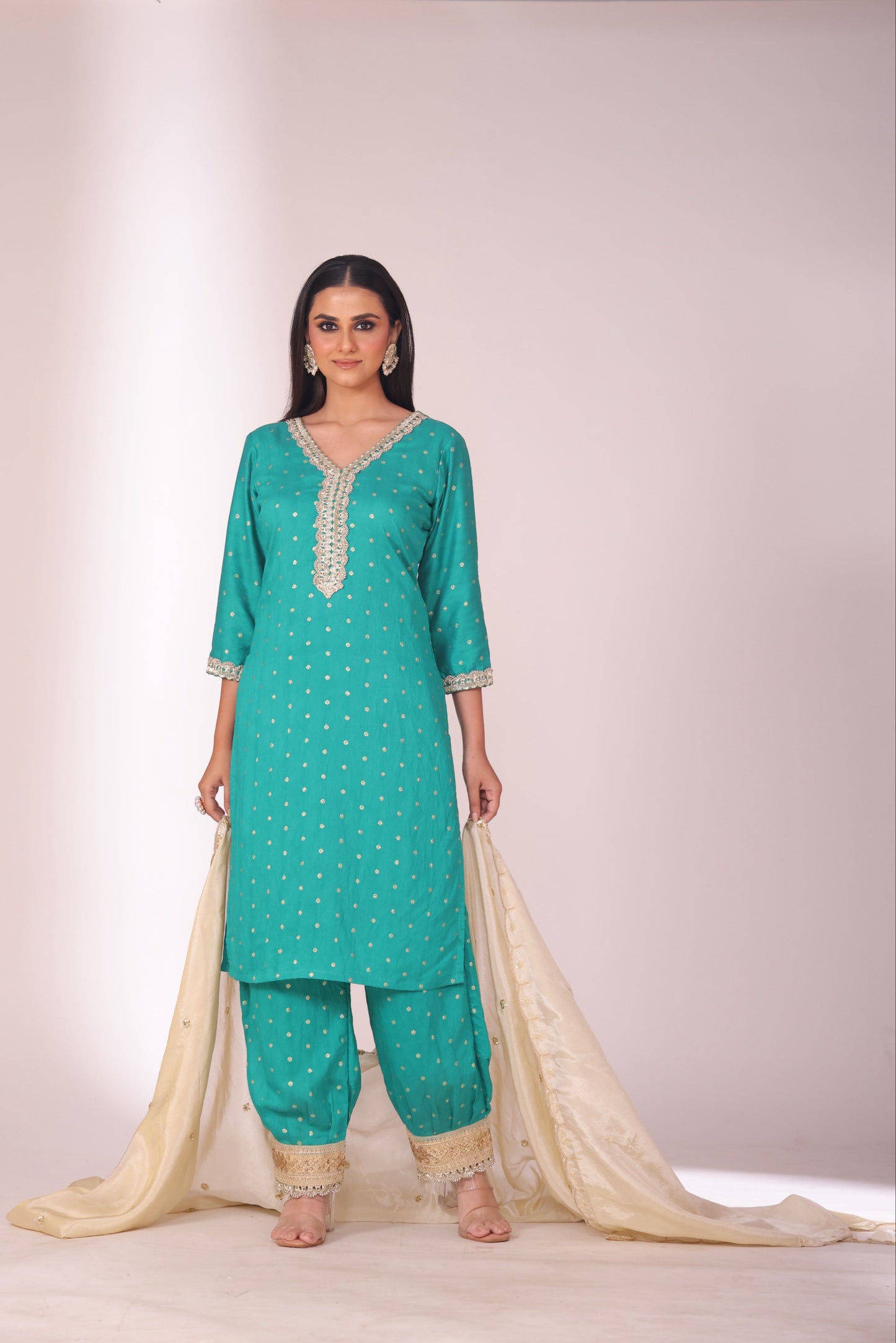 Mastani Turquoise Chanderi Kurta and Afghani Pant with dupatta- set of 3