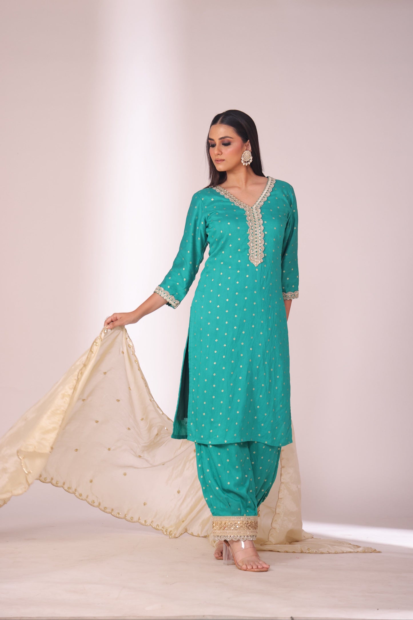 Mastani Turquoise Chanderi Kurta and Afghani Pant with dupatta- set of 3