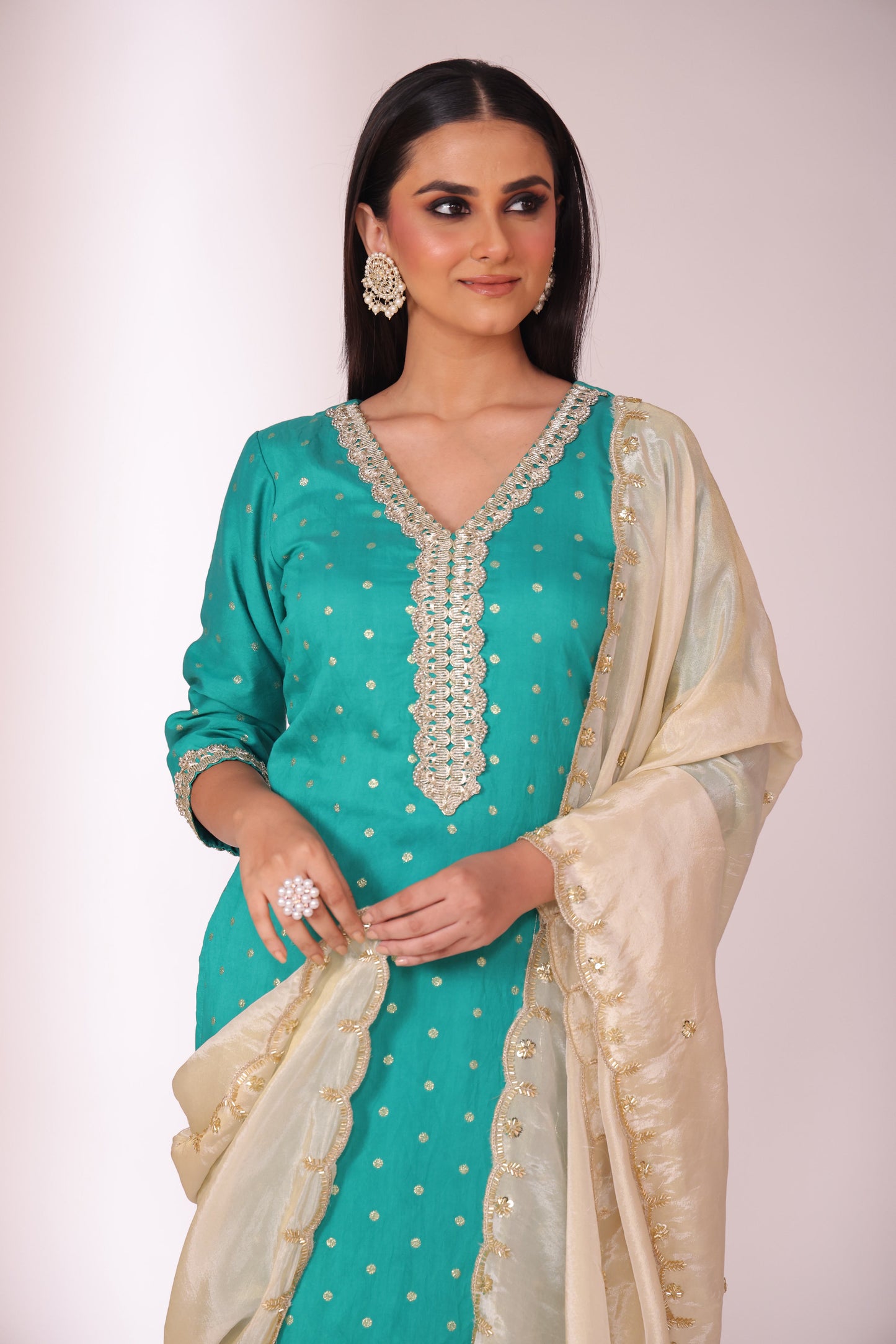 Mastani Turquoise Chanderi Kurta and Afghani Pant with dupatta- set of 3