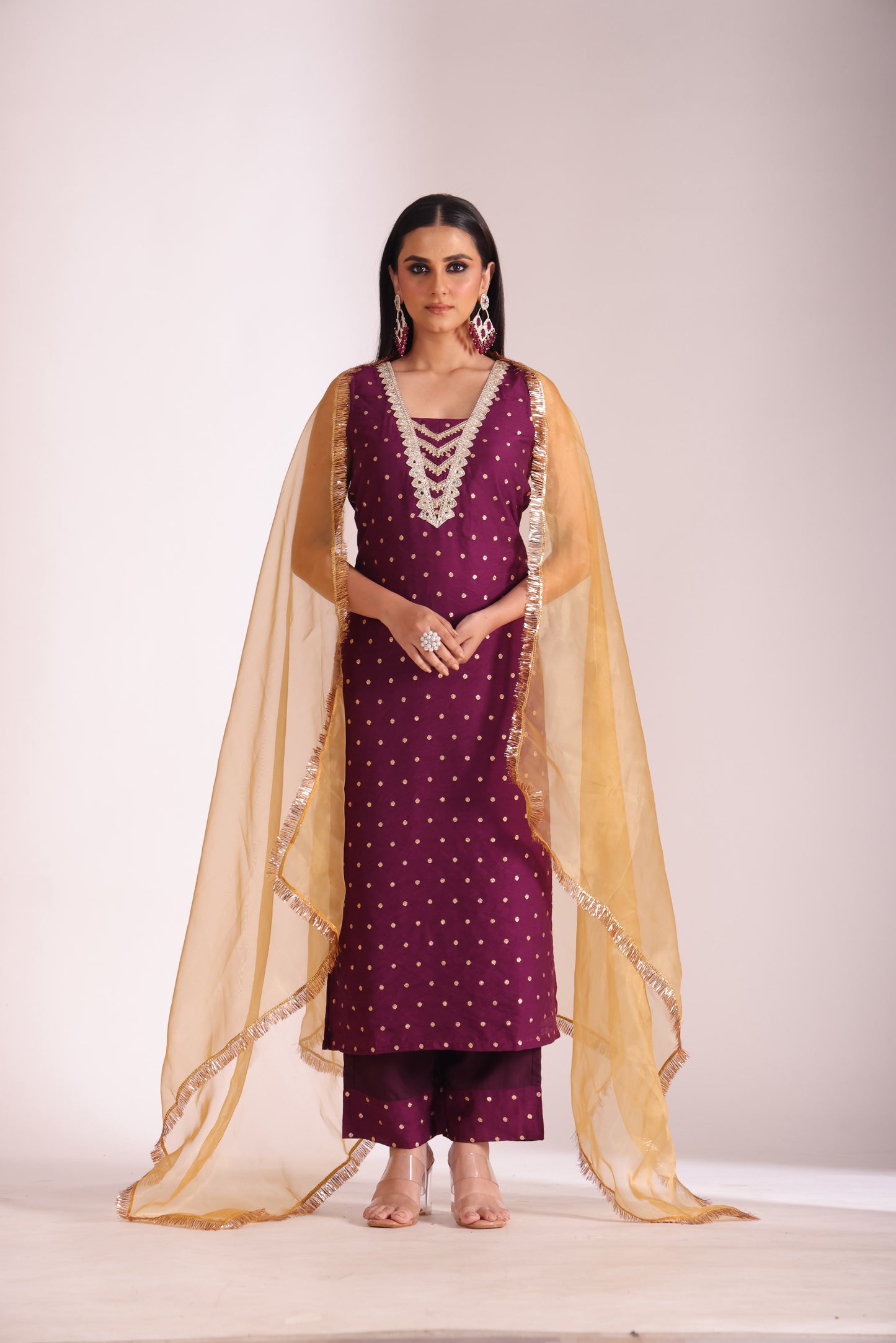 Mastani Wine Chanderi Kurta and Pant with dupatta- set of 3