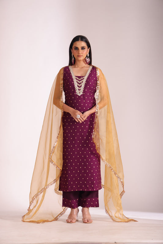 Mastani Wine Chanderi Kurta and Pant with dupatta- set of 3
