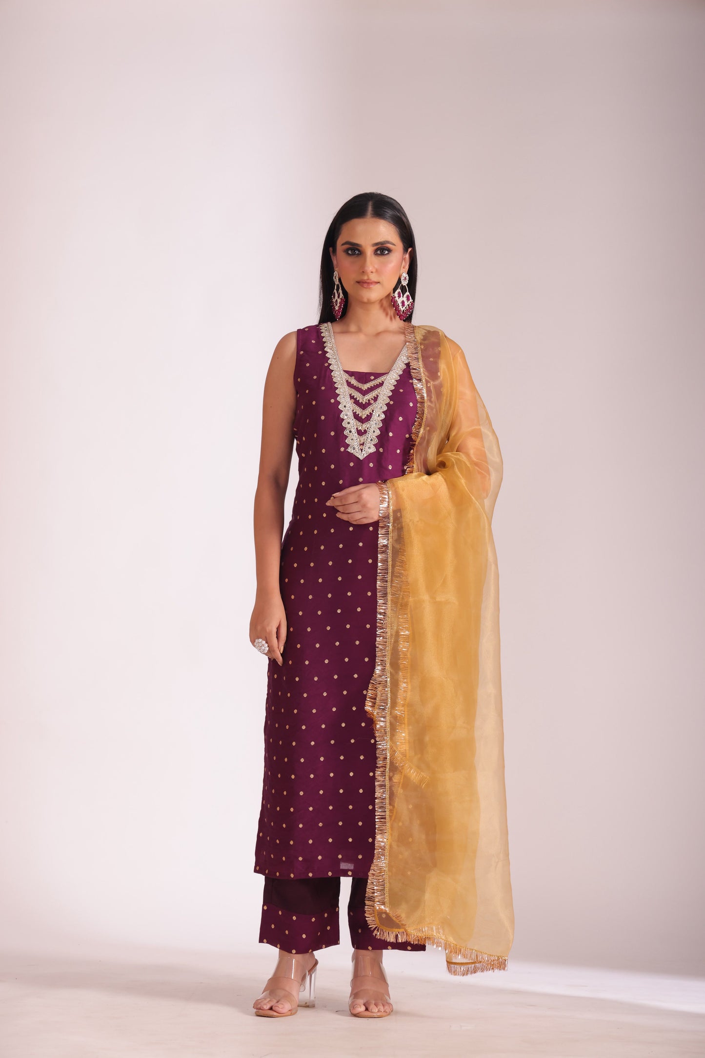 Mastani Wine Chanderi Kurta and Pant with dupatta- set of 3