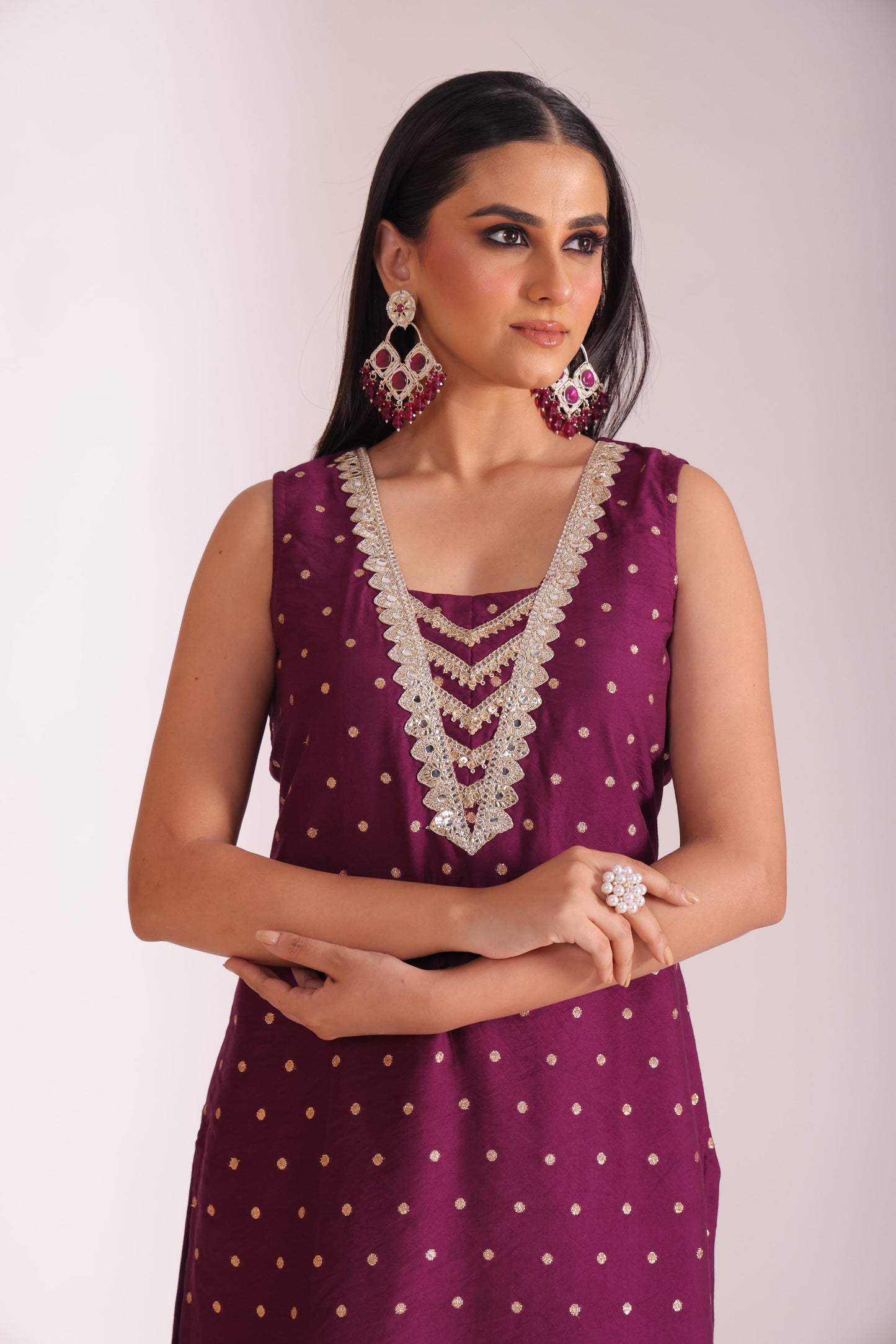 Mastani Wine Chanderi Kurta and Pant with dupatta- set of 3