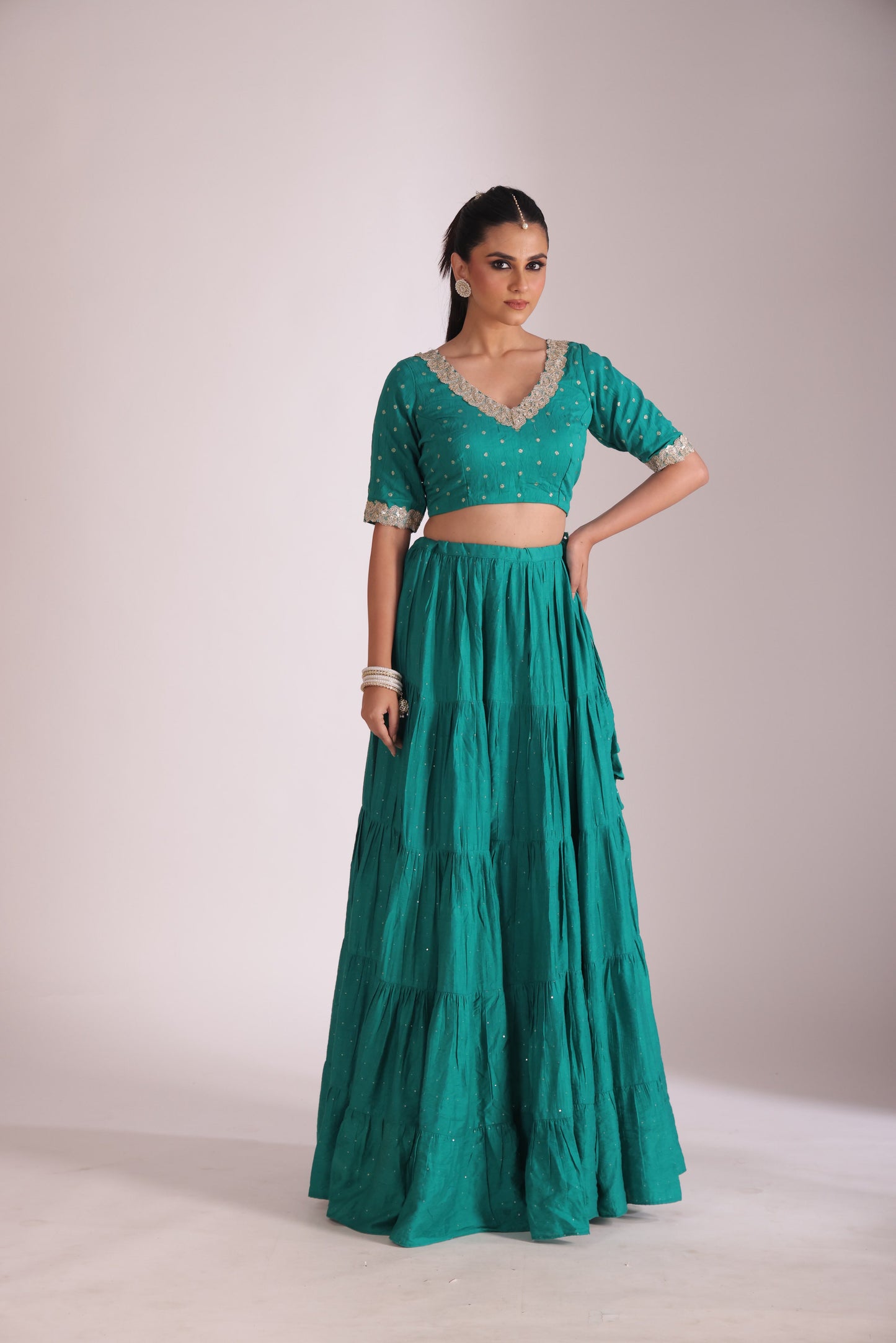Mastani Teal Chanderi Blouse and Lehenga with dupatta- set of 3