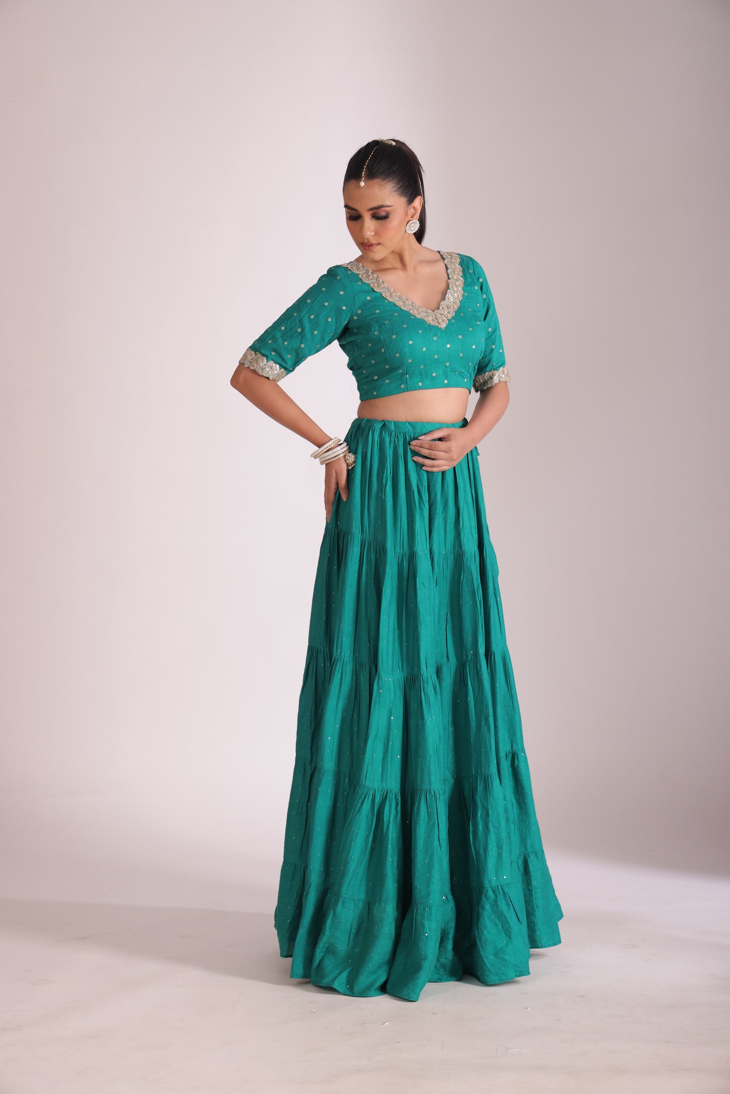 Mastani Teal Chanderi Blouse and Lehenga with dupatta- set of 3