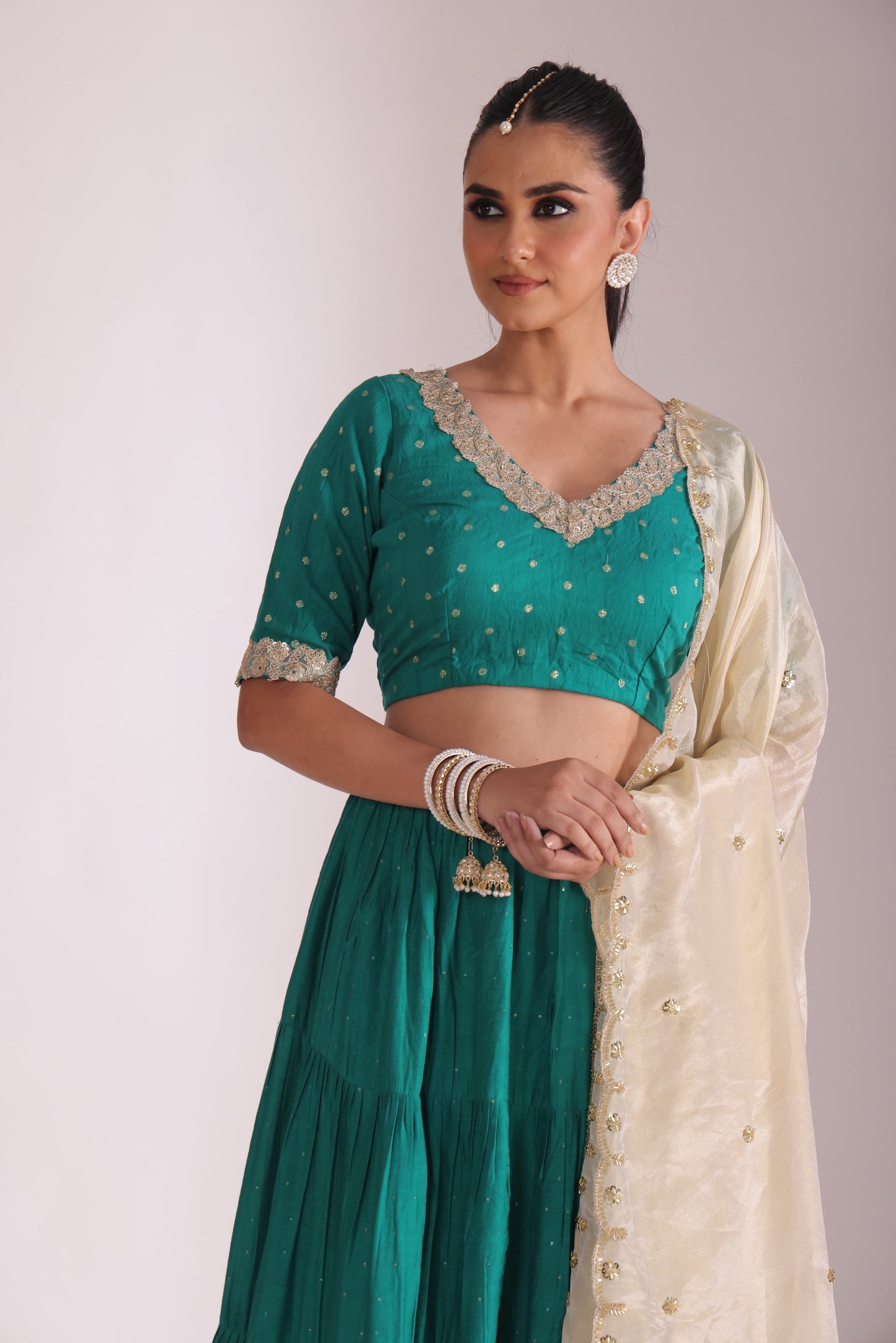 Mastani Teal Chanderi Blouse and Lehenga with dupatta- set of 3