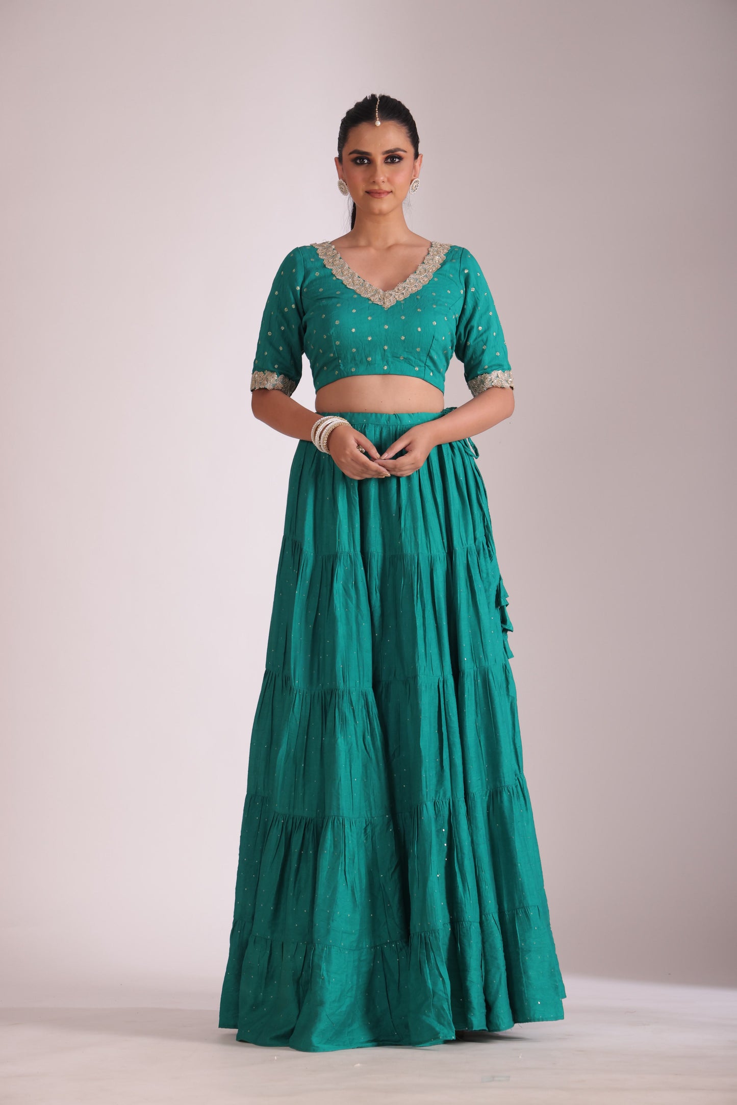 Mastani Teal Chanderi Blouse and Lehenga with dupatta- set of 3