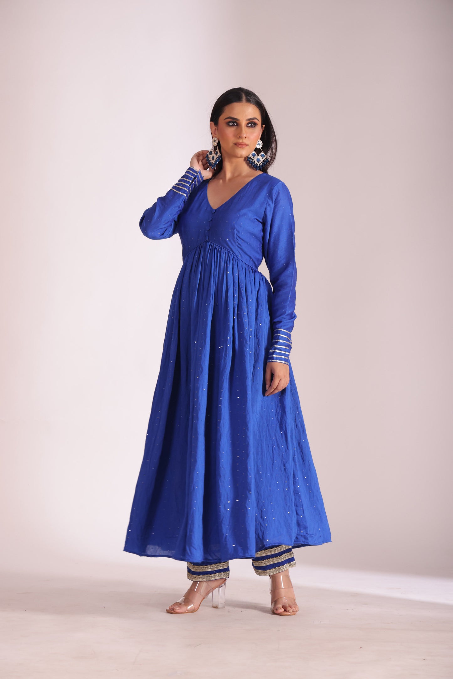 Mastani Blue Chanderi Anarkali and Pant with dupatta- set of 3