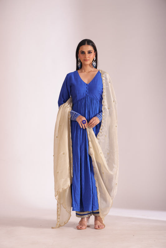 Mastani Blue Chanderi Anarkali and Pant with dupatta- set of 3