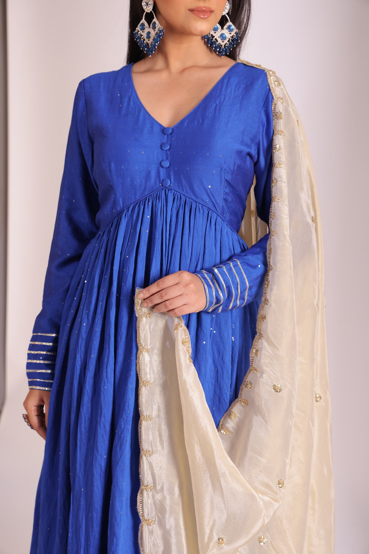 Mastani Blue Chanderi Anarkali and Pant with dupatta- set of 3