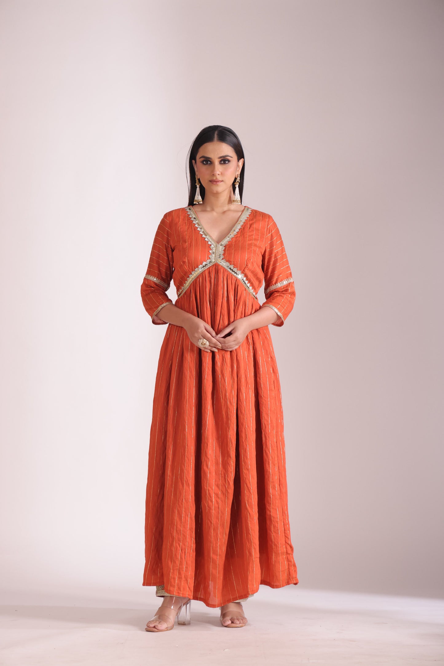 Mastani Rust Orange Chanderi Anarkali and Pant with dupatta- set of 3