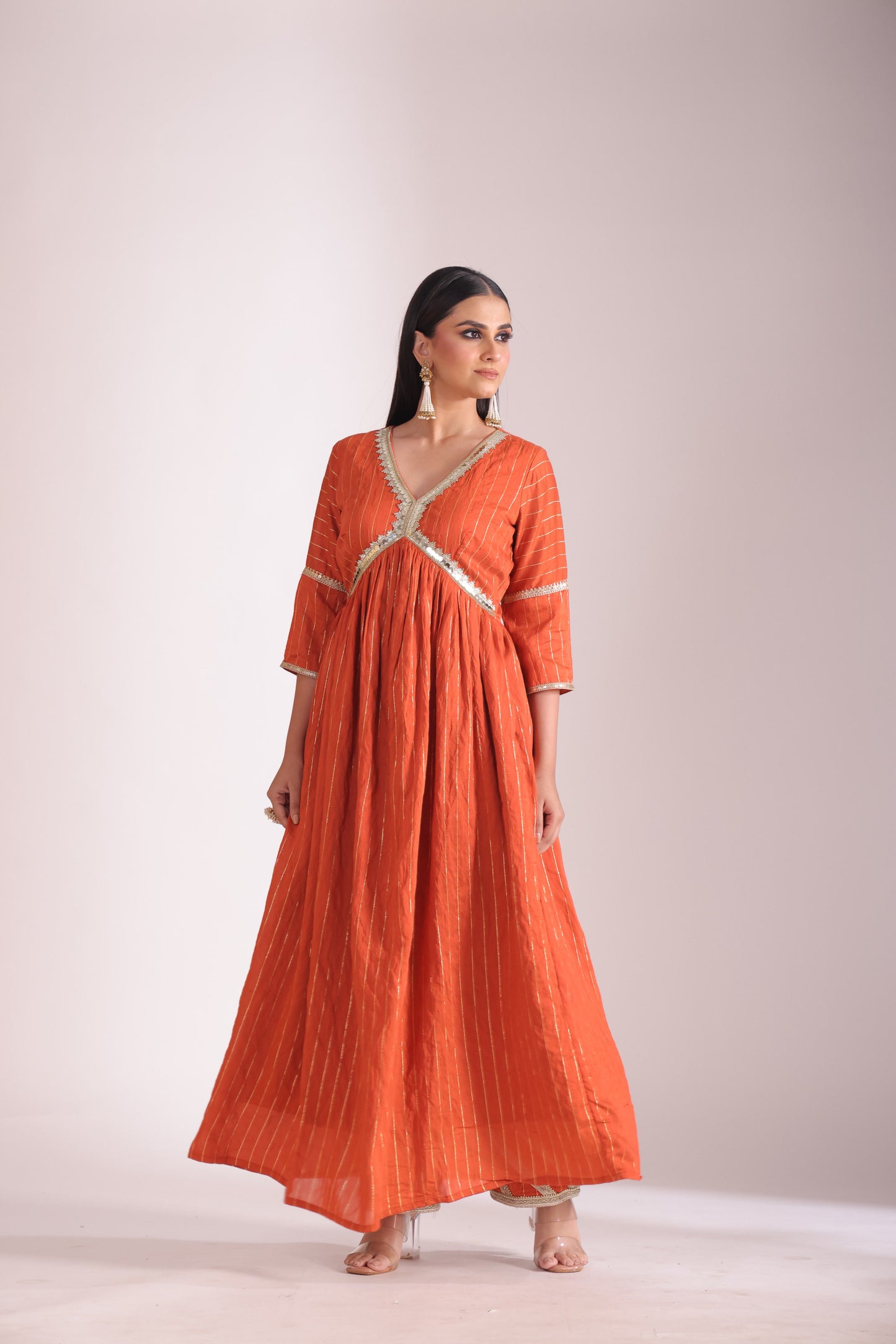 Mastani Rust Orange Chanderi Anarkali and Pant with dupatta- set of 3