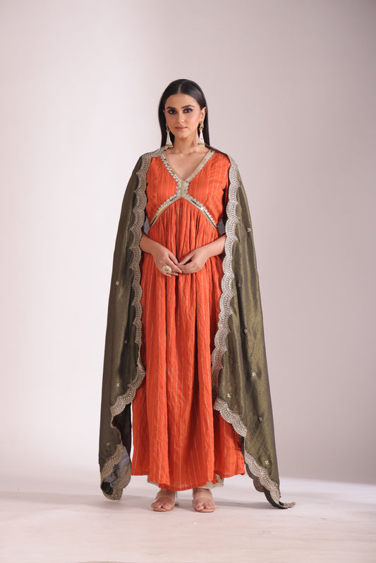 Mastani Rust Orange Chanderi Anarkali and Pant with dupatta- set of 3