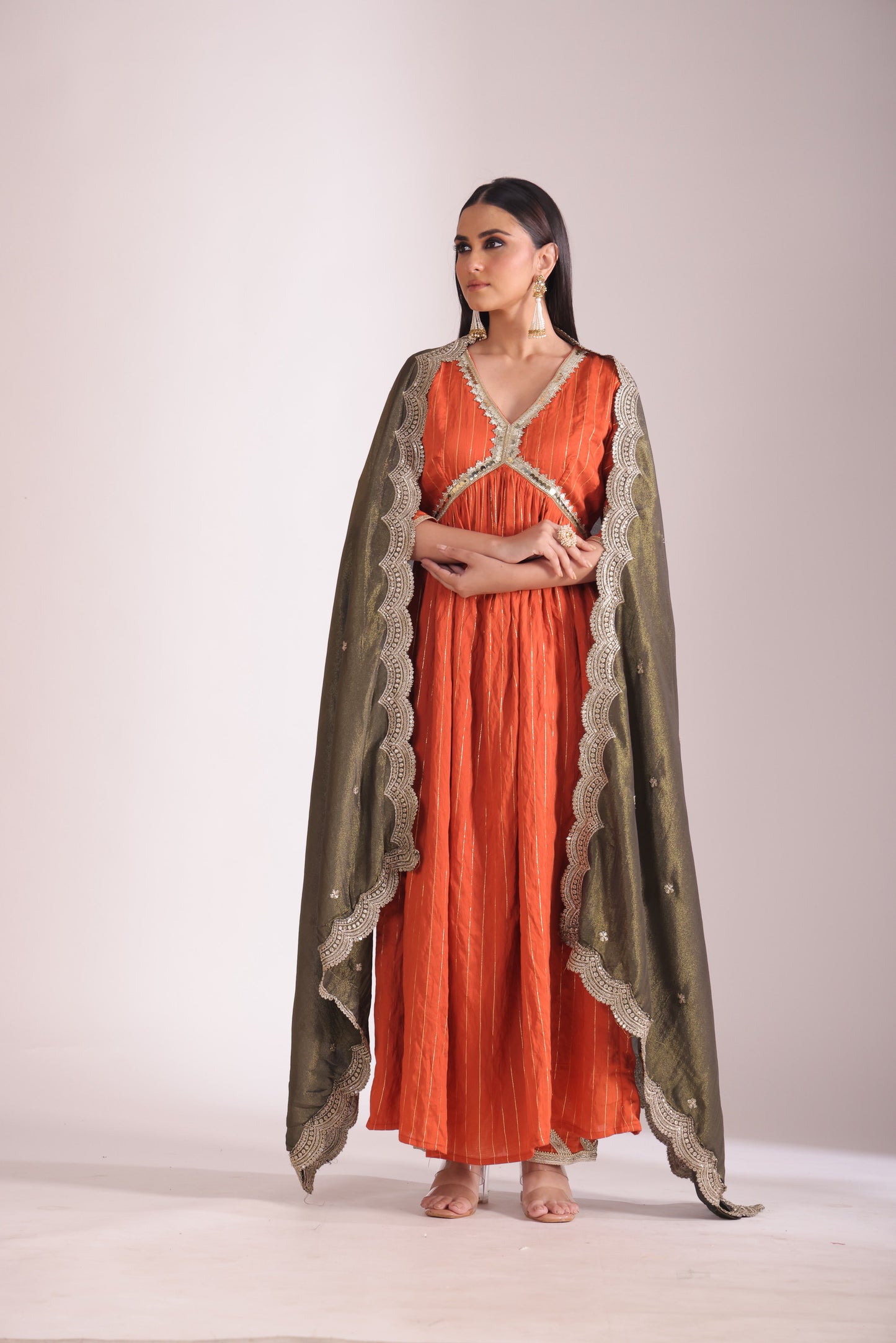Mastani Rust Orange Chanderi Anarkali and Pant with dupatta- set of 3