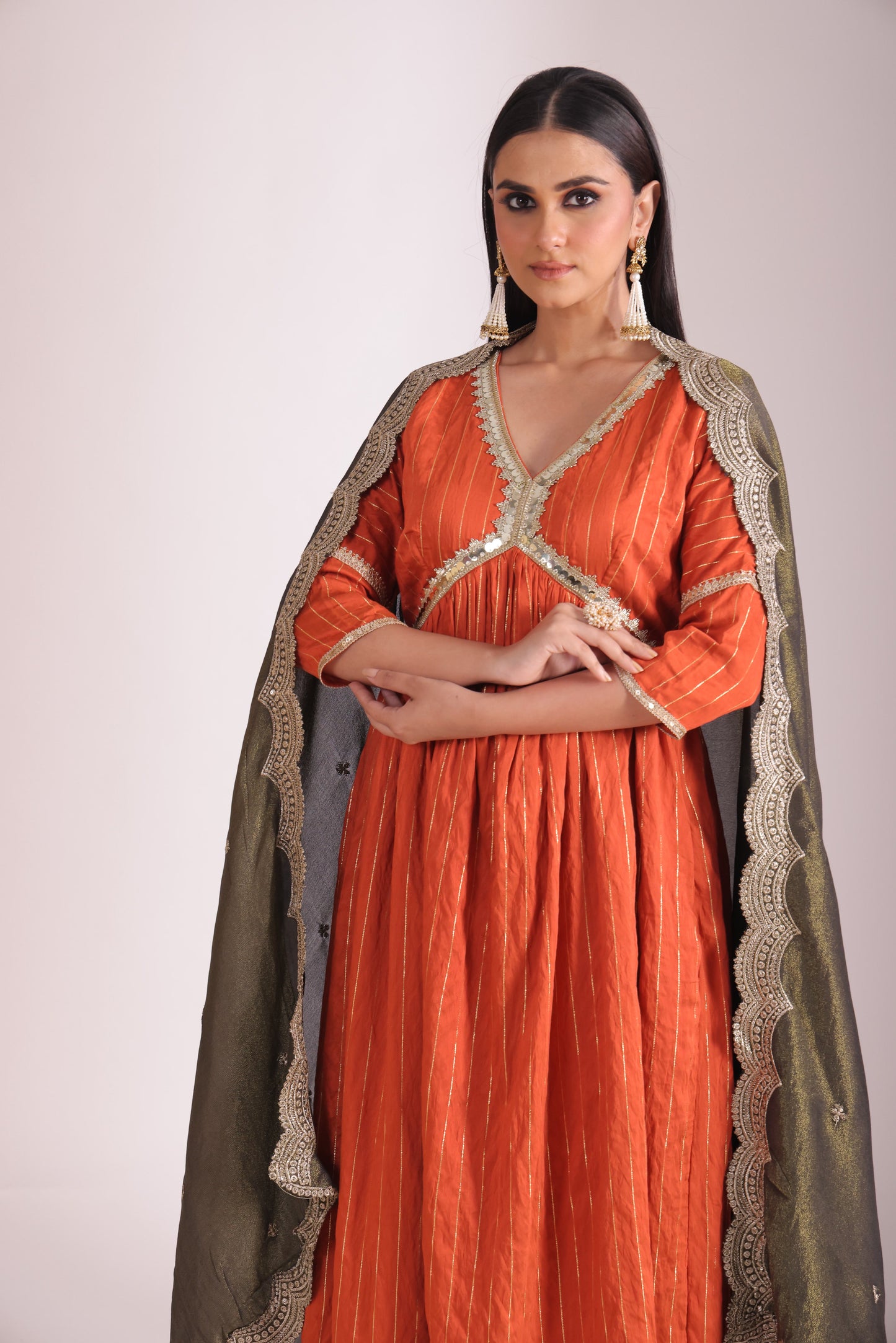 Mastani Rust Orange Chanderi Anarkali and Pant with dupatta- set of 3