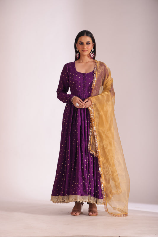 Mastani Wine Chanderi Anarkali and Pant with dupatta- set of 3