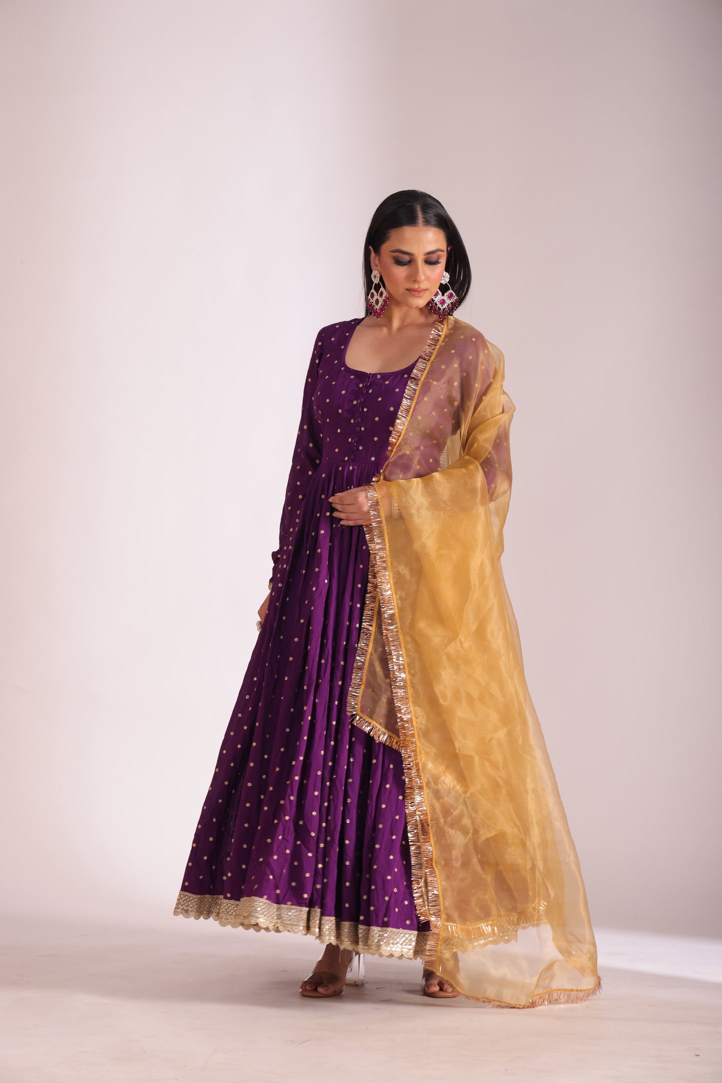 Mastani Wine Chanderi Anarkali and Pant with dupatta- set of 3