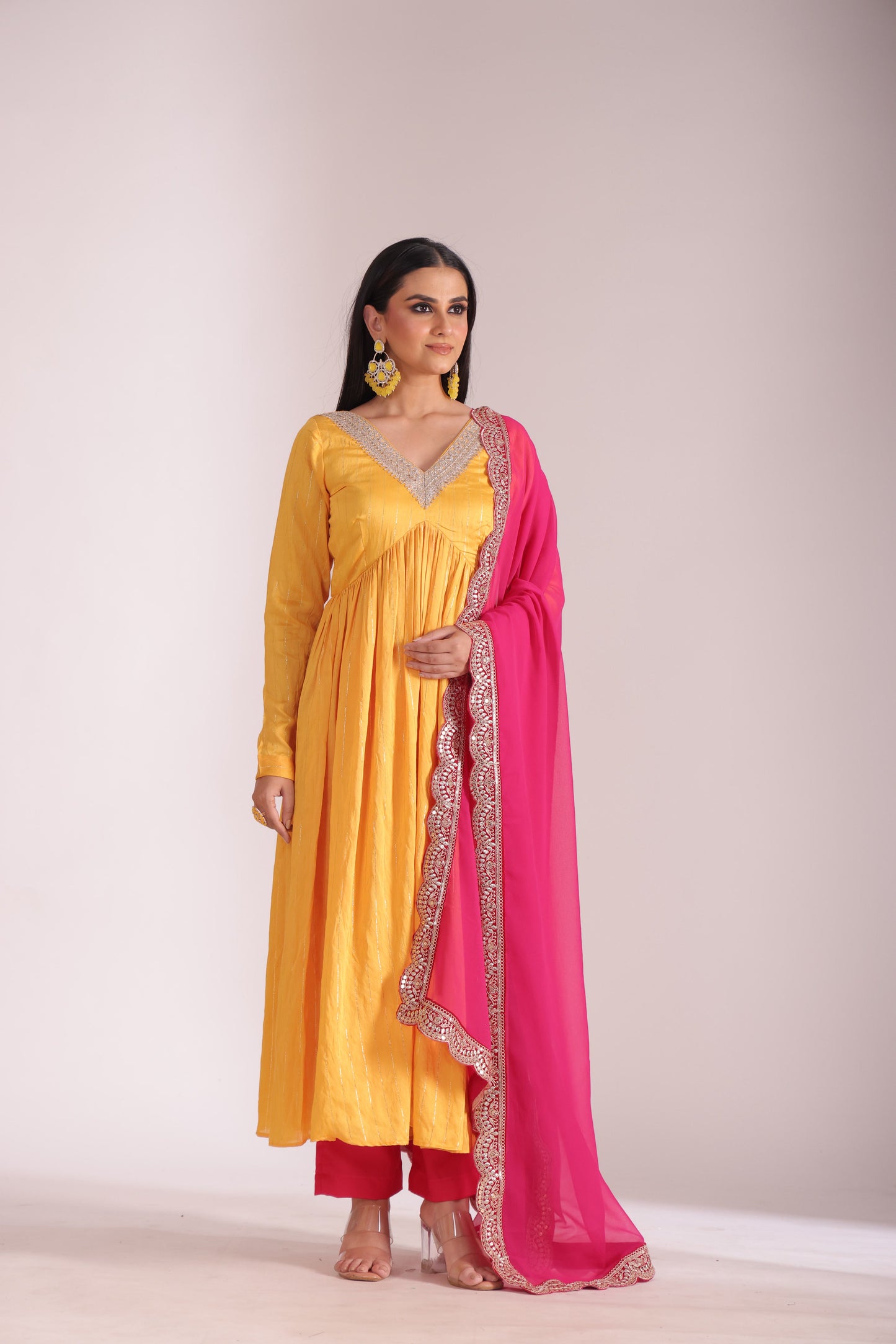 Mastani Sunshine Chanderi Anarkali and Pant with dupatta- set of 3