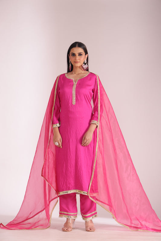 Mastani Fuschia Chanderi Kurta and Pant with dupatta- set of 3