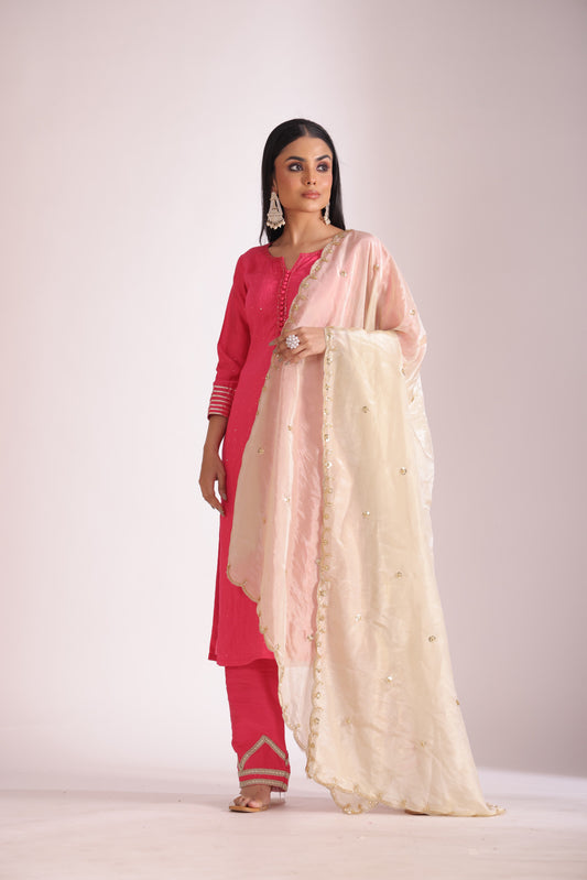 Mastani Fuschia Chanderi Kurta and Pant with dupatta- set of 3