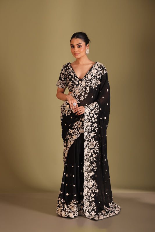 Rooh Black Embroidered Blouse and Saree