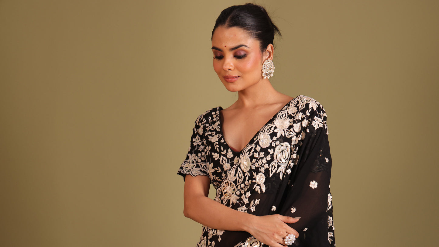 Rooh Black Embroidered Blouse and Saree