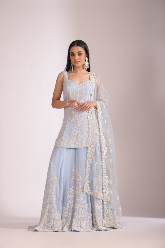 Rooh Light Blue Embroidered Kurta, Sharara and Dupatta