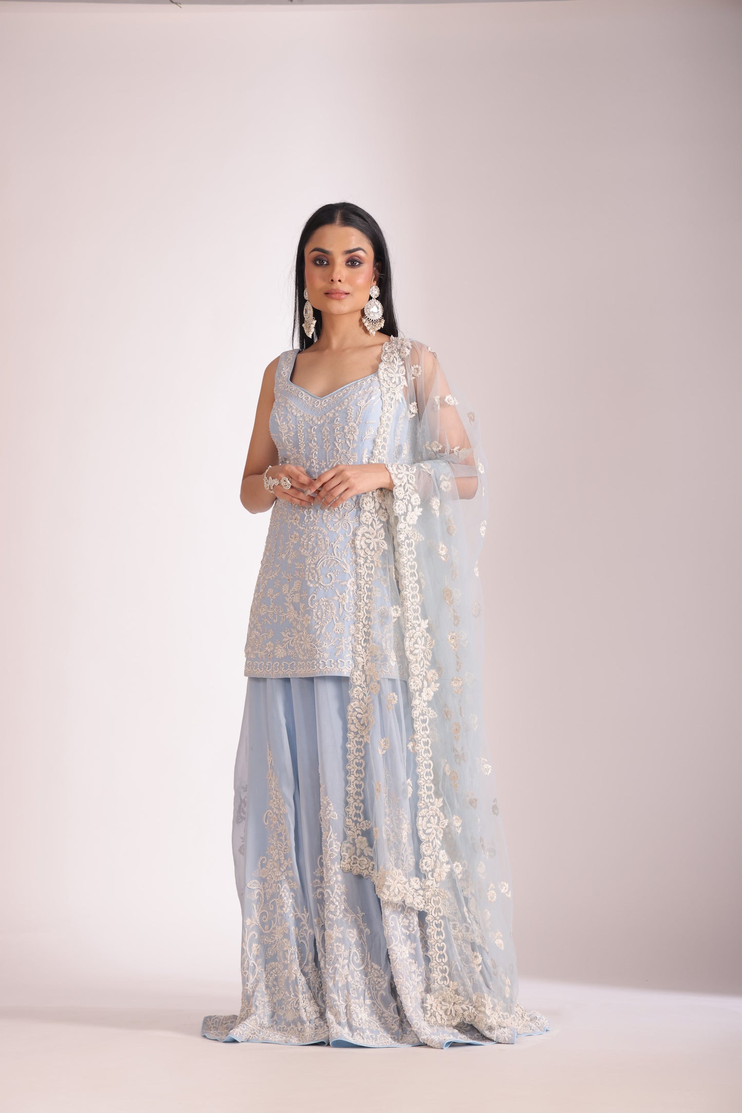 Rooh Light Blue Embroidered Kurta, Sharara and Dupatta