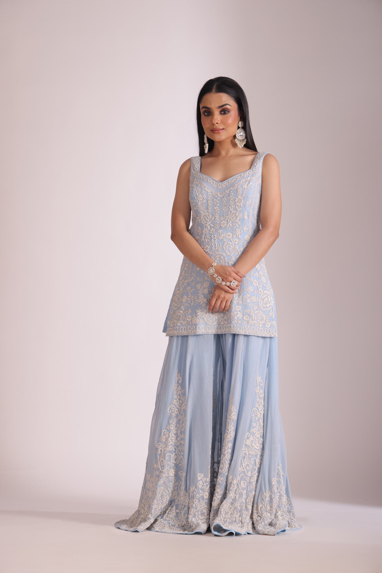 Rooh Light Blue Embroidered Kurta, Sharara and Dupatta