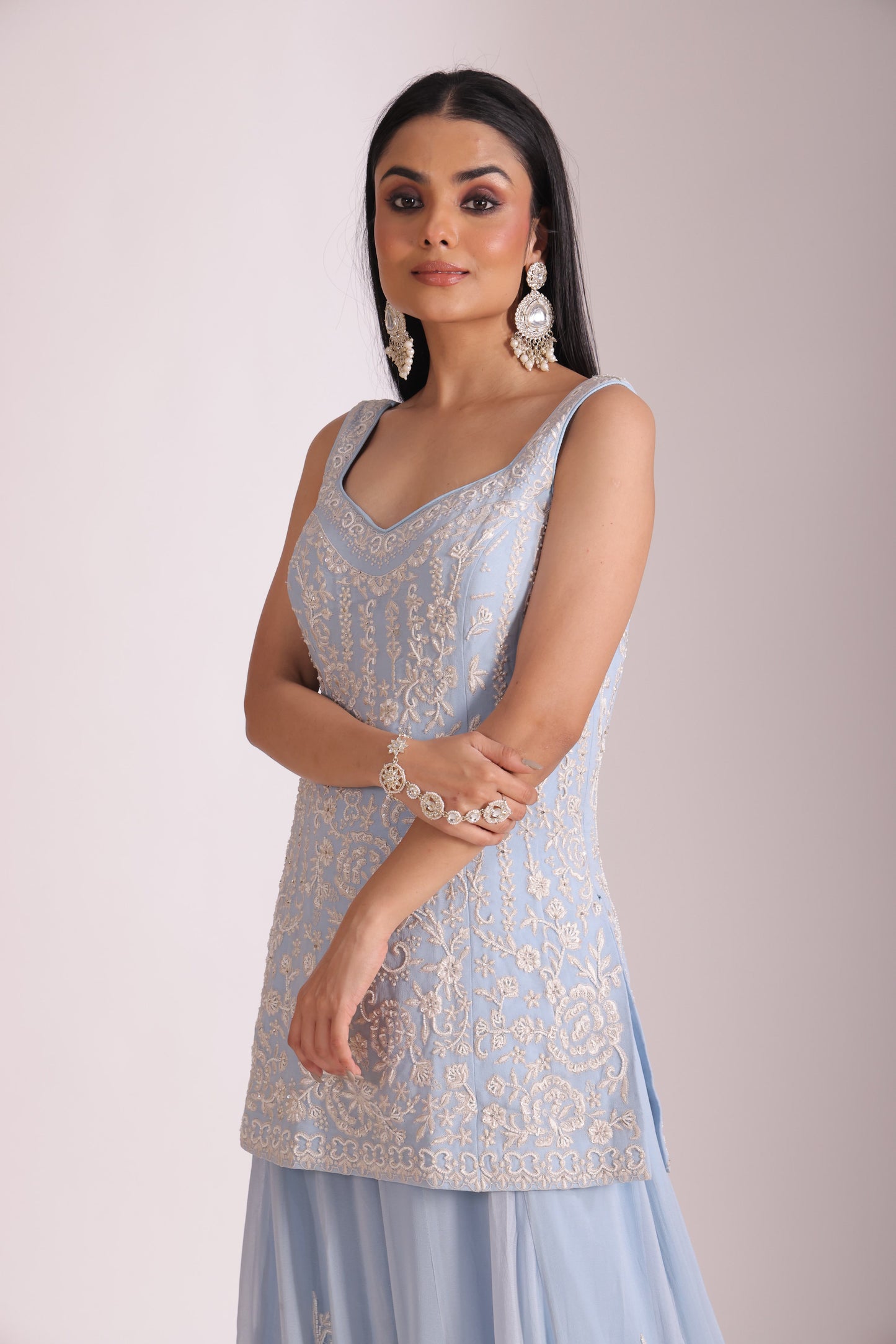 Rooh Light Blue Embroidered Kurta, Sharara and Dupatta