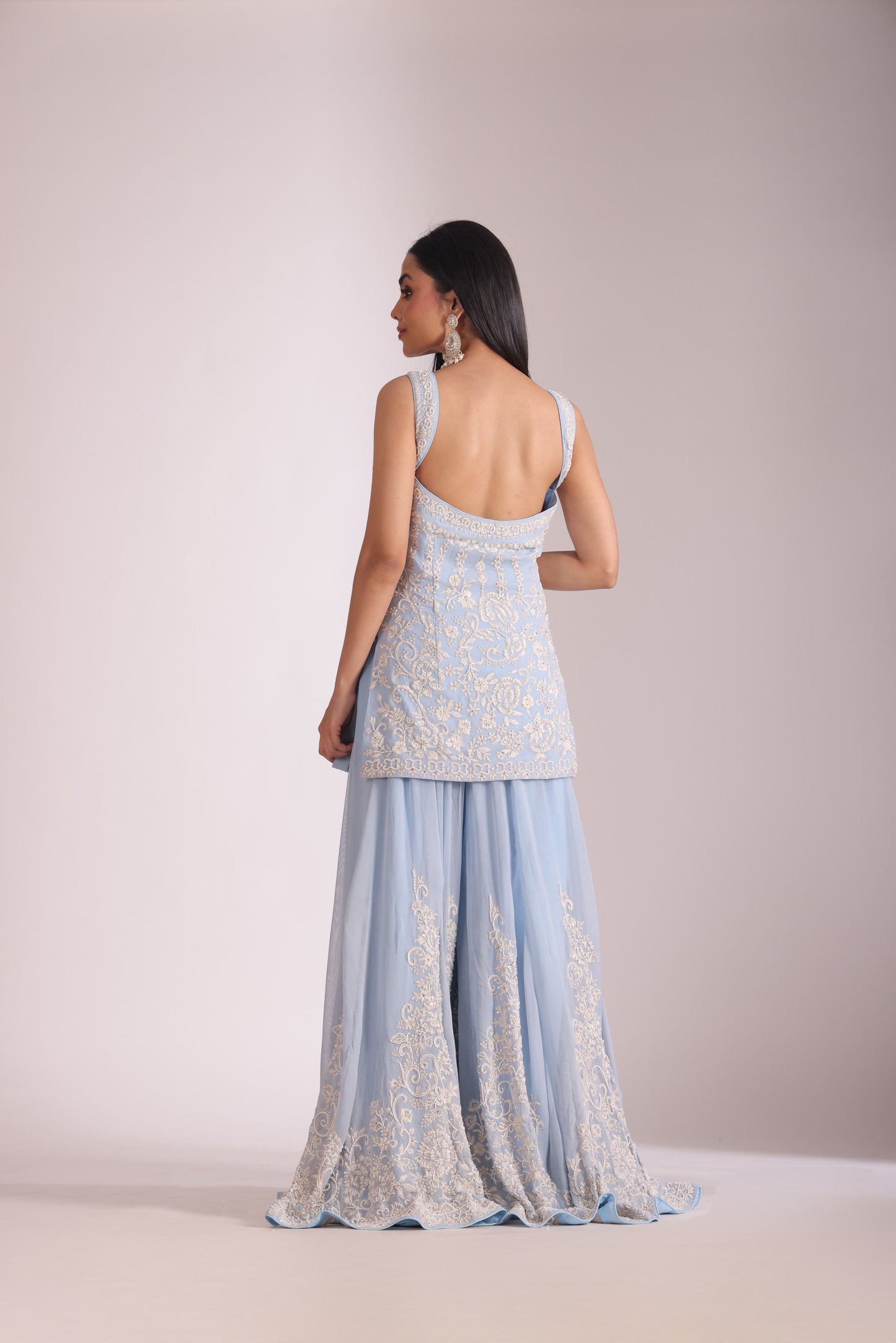 Rooh Light Blue Embroidered Kurta, Sharara and Dupatta