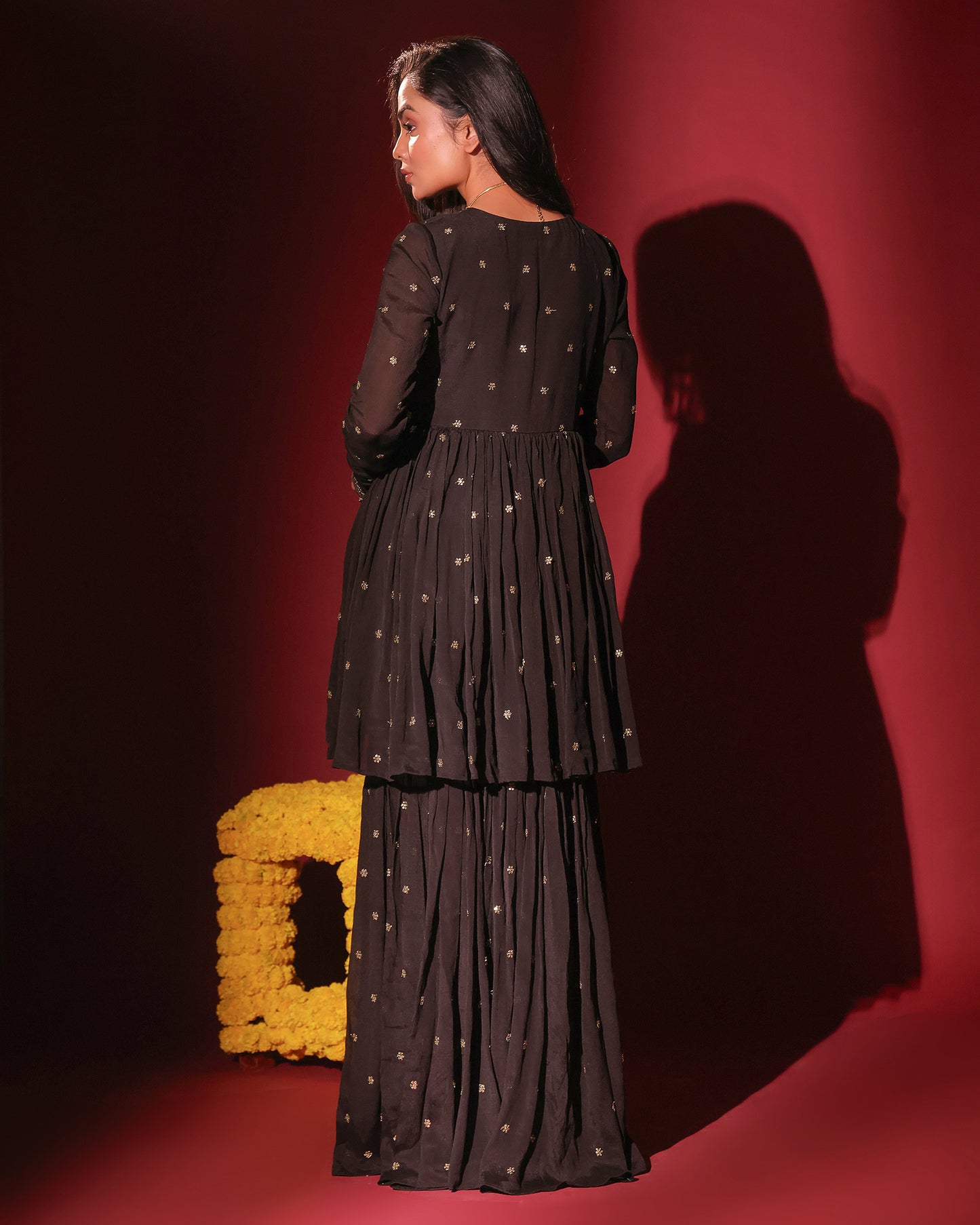 Tana Bana Black Peplum Kurta, Gharara and Dupatta