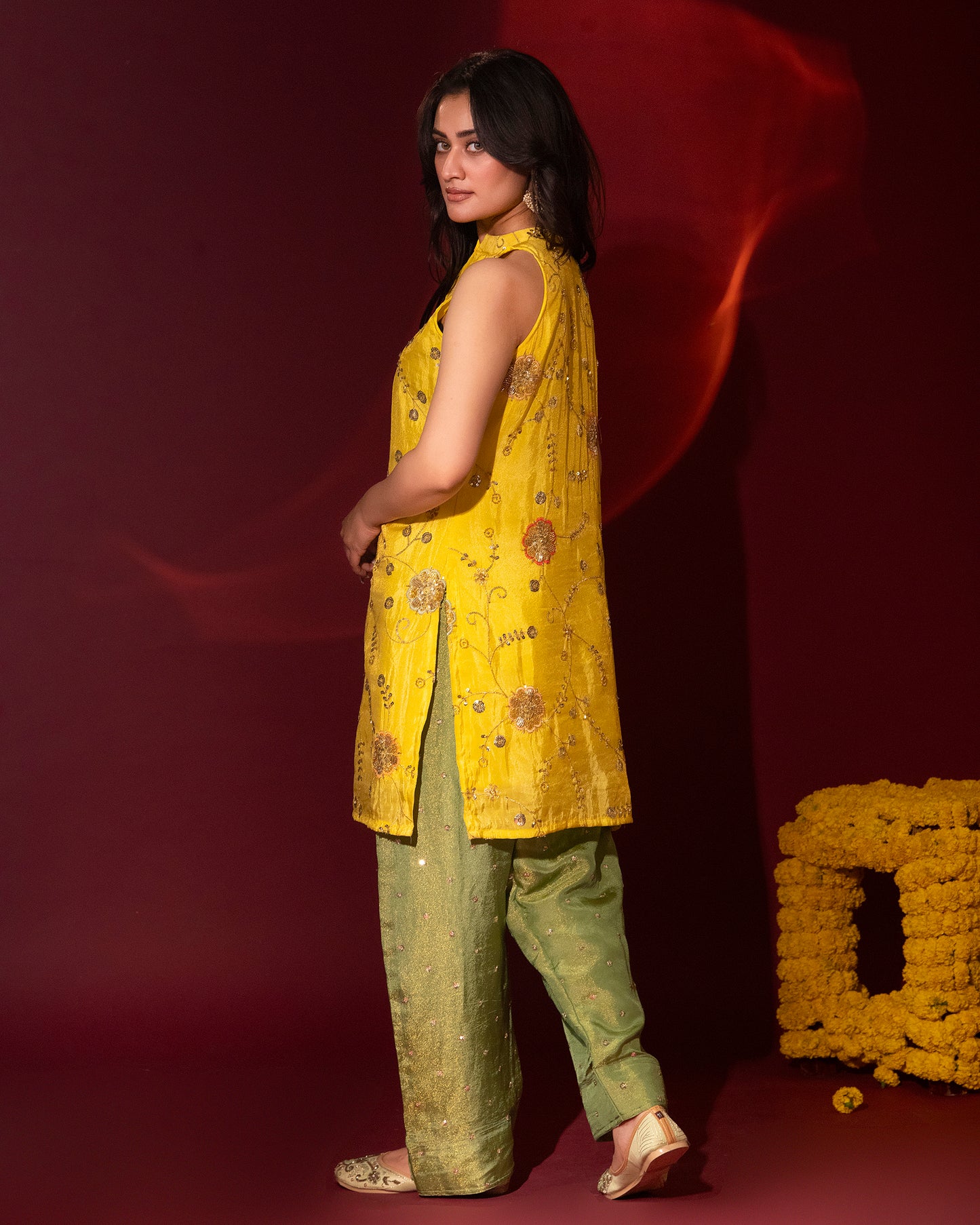 Sunheri Tissue Haldi Yellow Kurta Farshi Set of 3