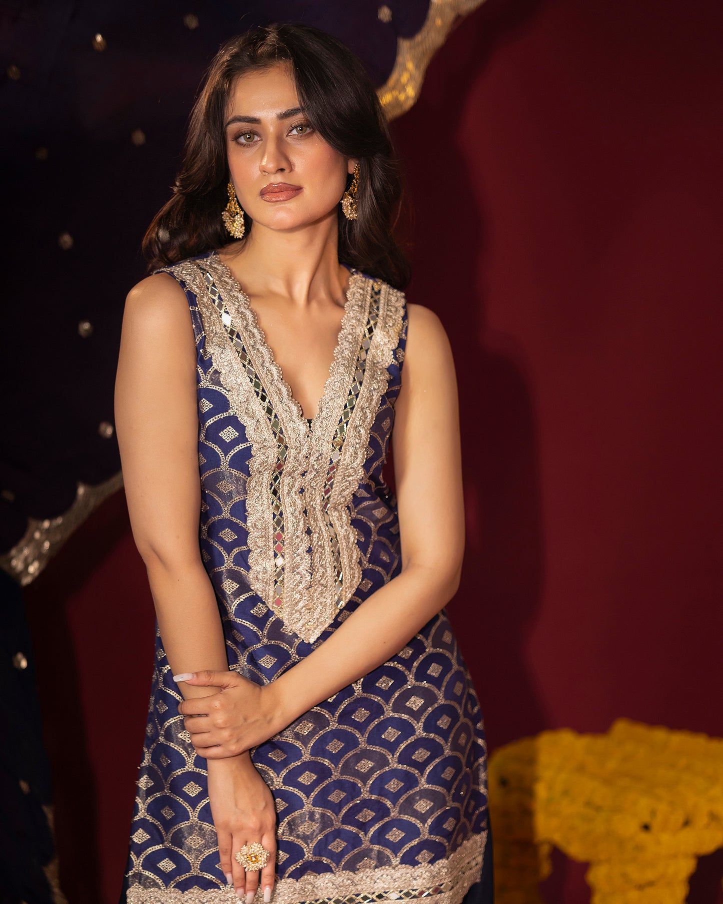 Rasiyaa Navy Blue Silk Kurta Set with Farsi Salwar and Organza Dupatta